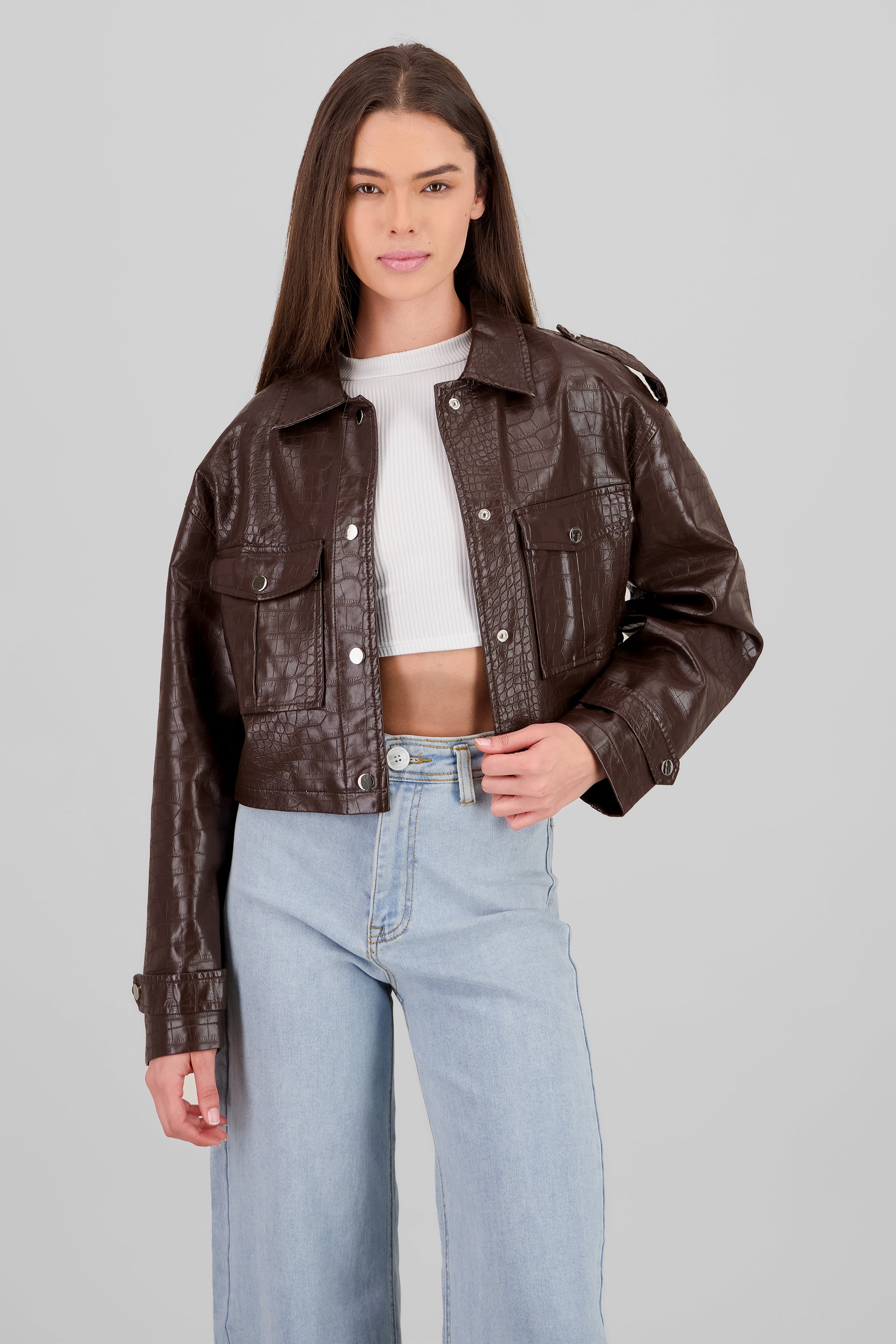 Snake Print Textured Leather Jacket BROWN