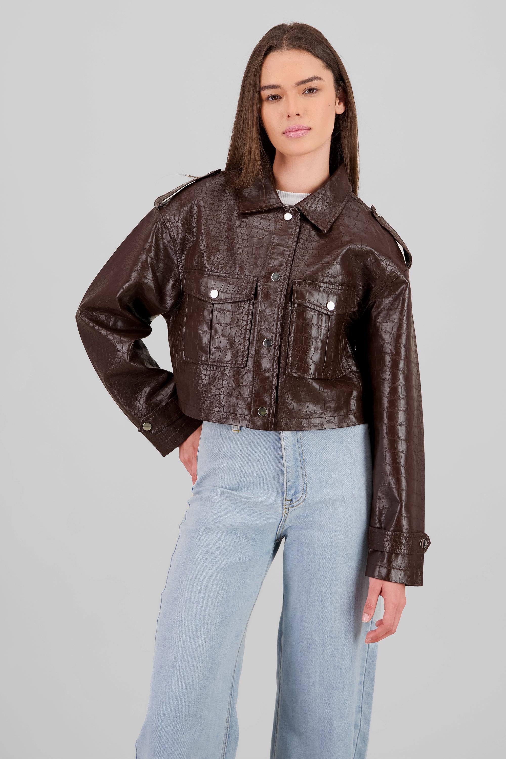 Snake Print Textured Leather Jacket BROWN