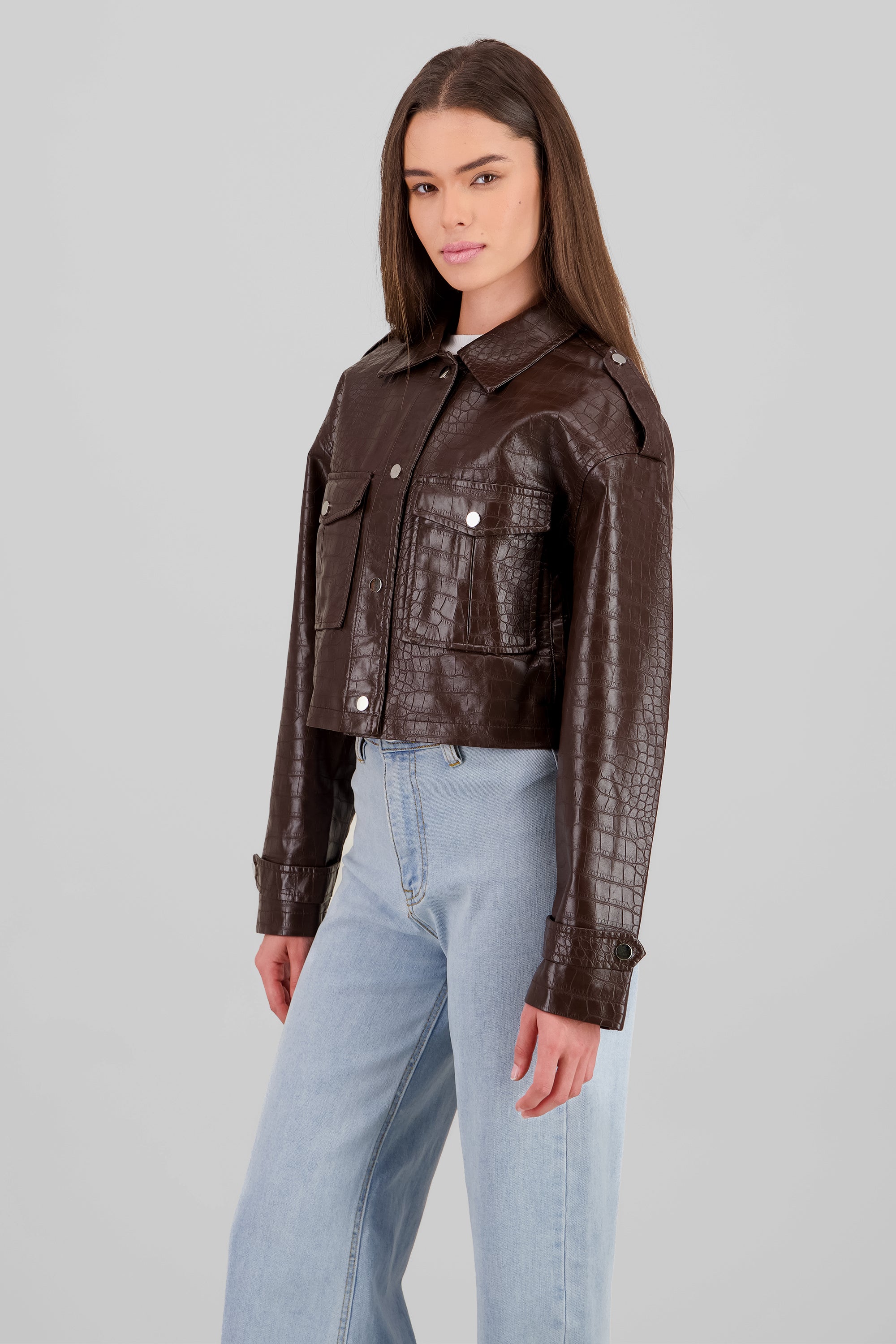 Snake Print Textured Leather Jacket BROWN