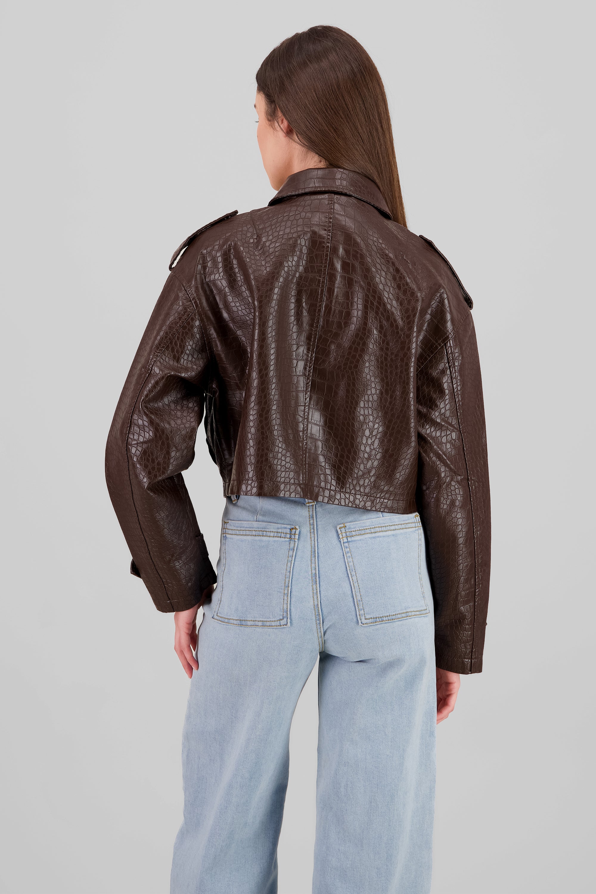 Snake Print Textured Leather Jacket BROWN