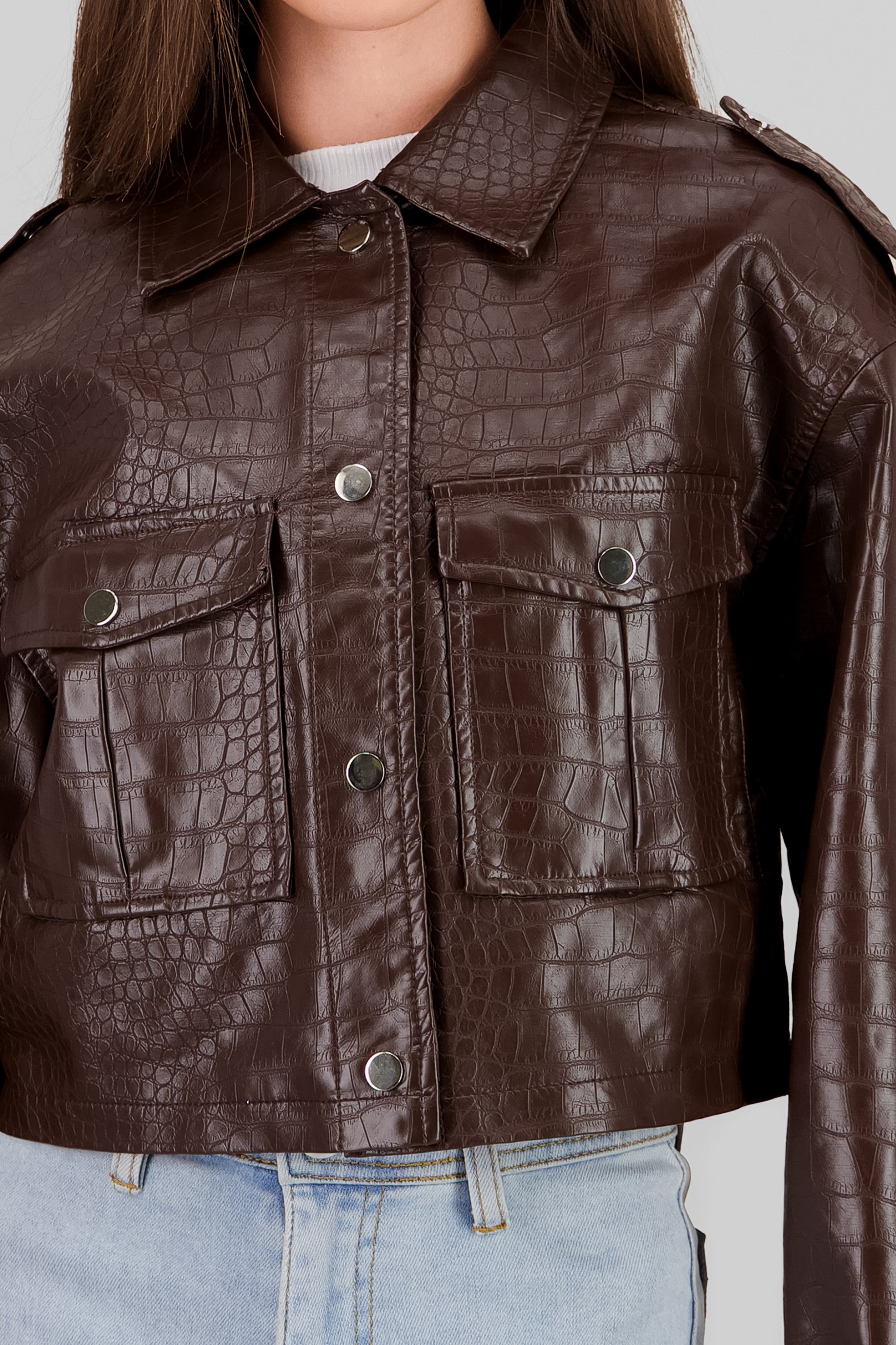 Snake Print Textured Leather Jacket BROWN