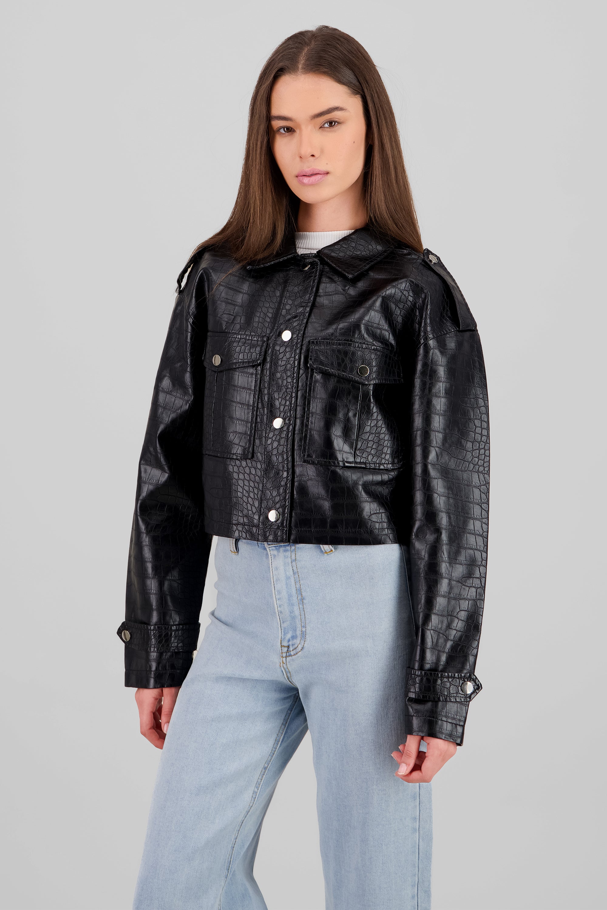 Snake Print Textured Leather Jacket BLACK