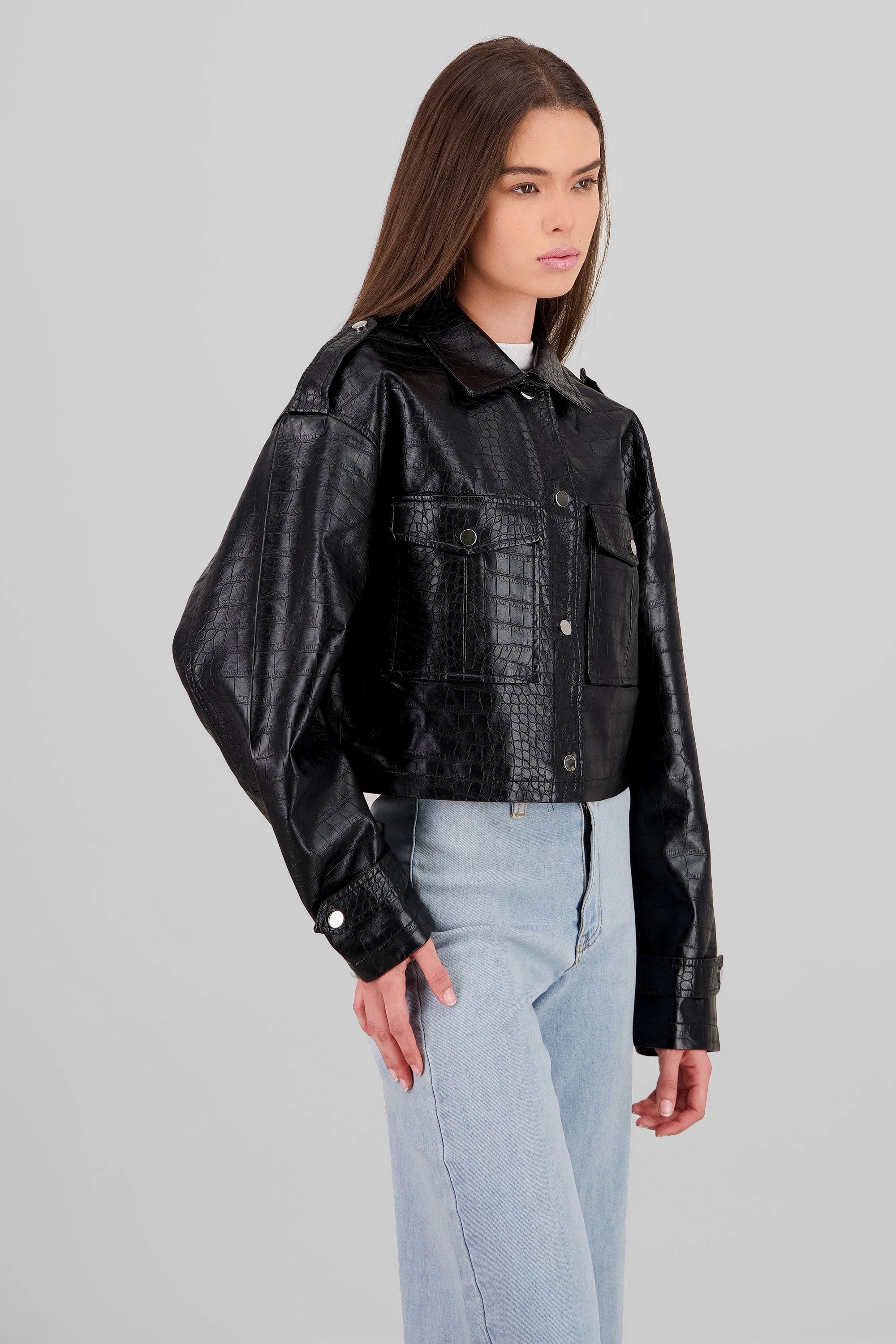 Snake Print Textured Leather Jacket BLACK