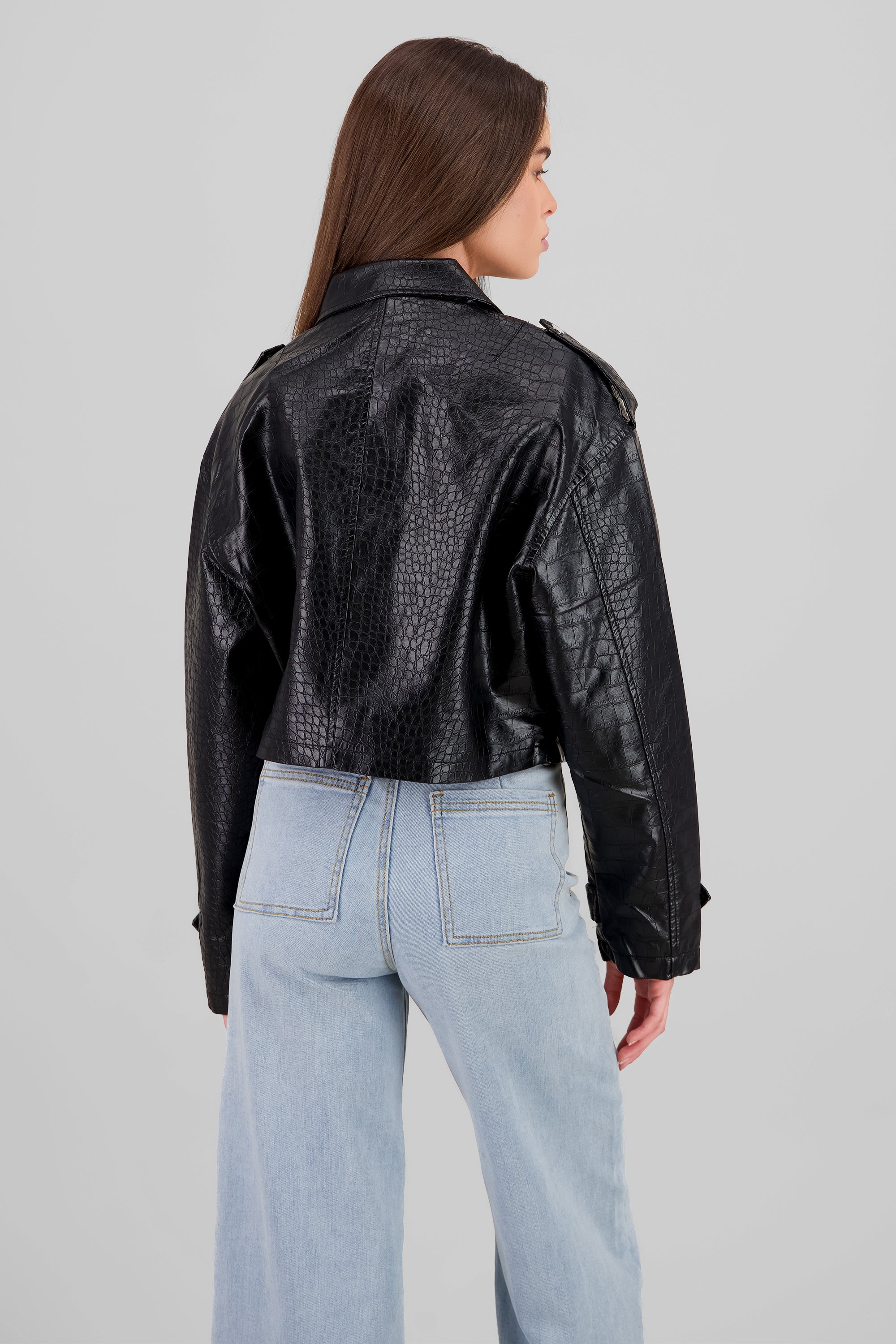 Snake Print Textured Leather Jacket BLACK