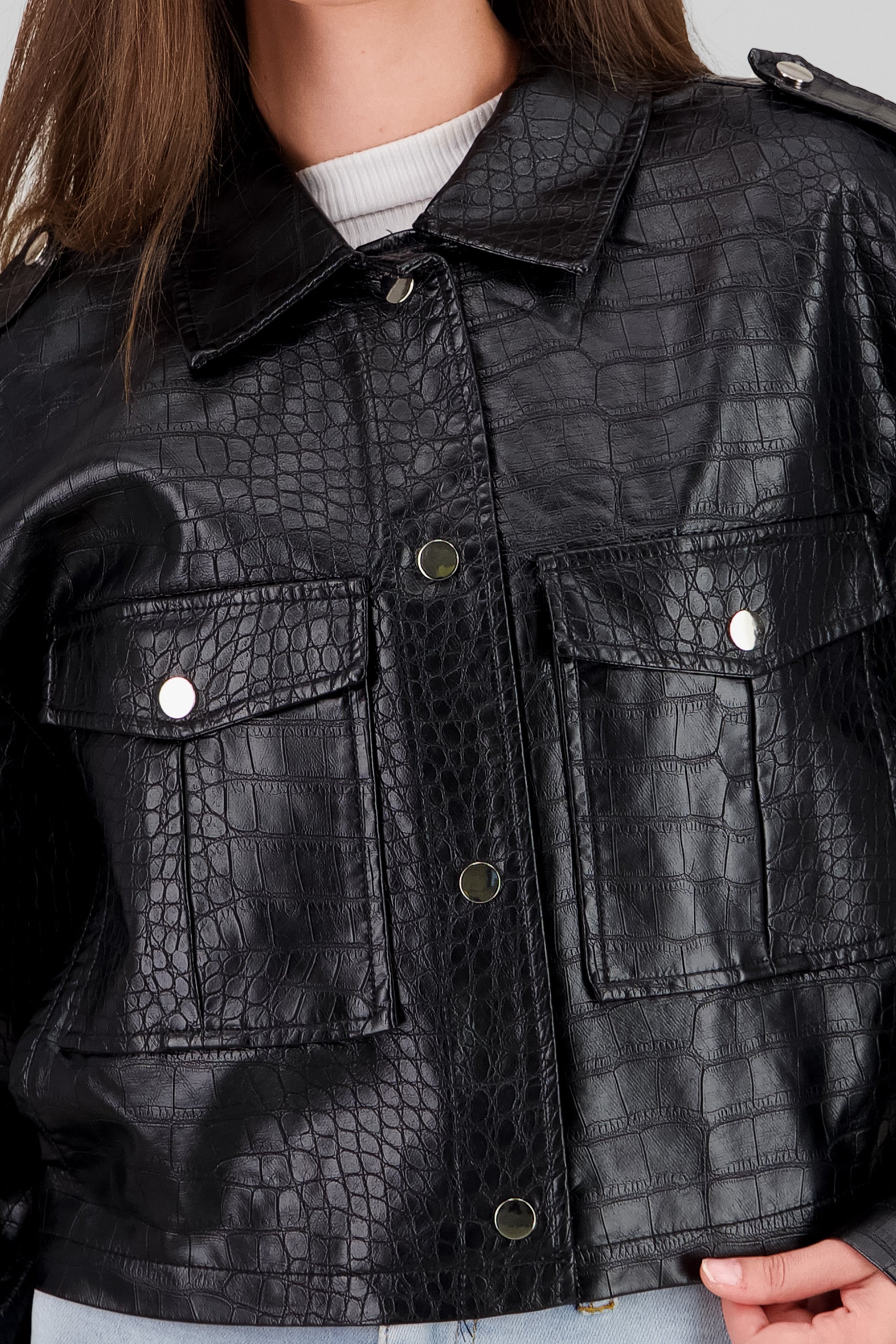 Snake Print Textured Leather Jacket BLACK