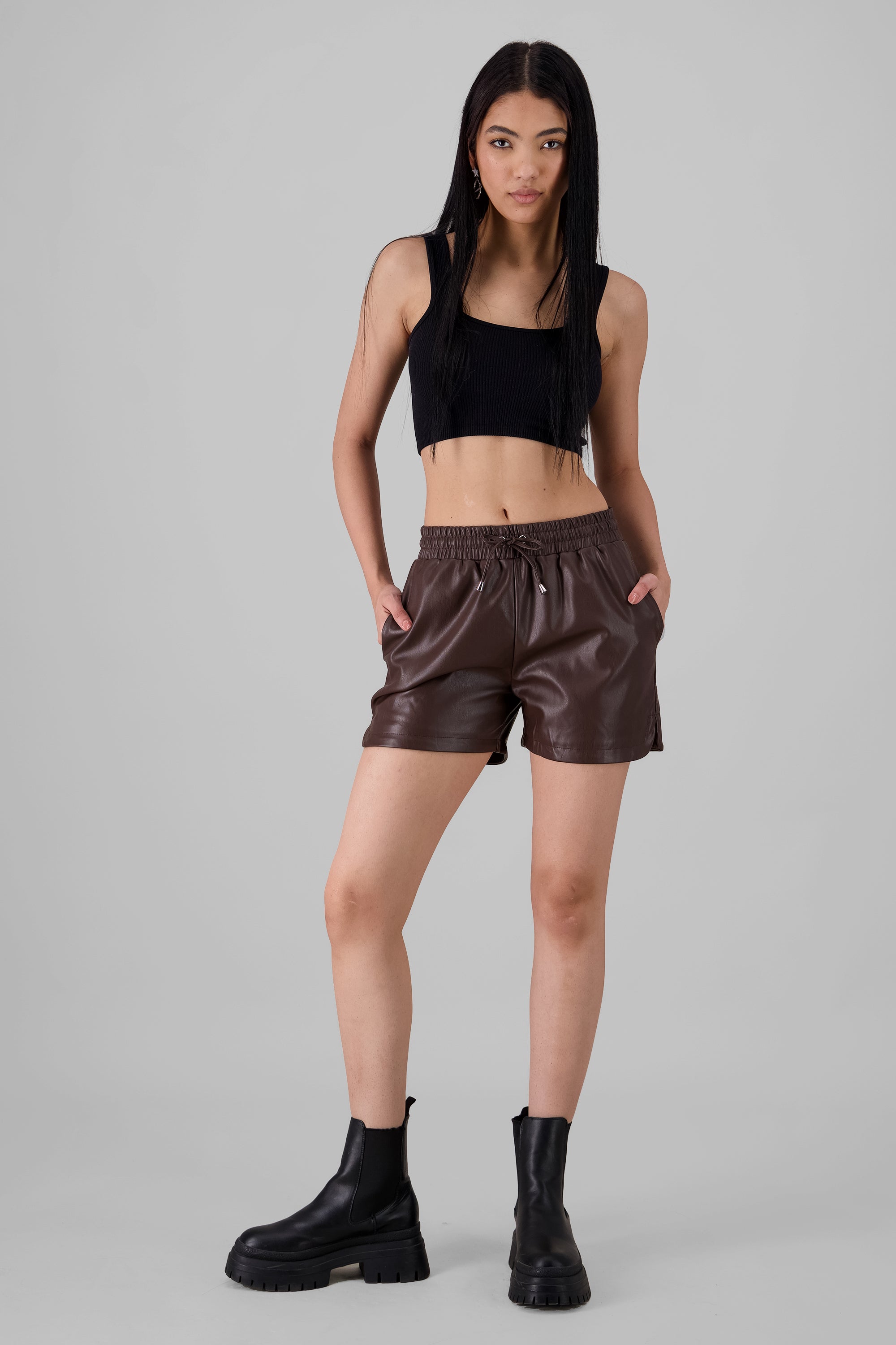 Faux leather Shorts with Waistband Detail BROWN