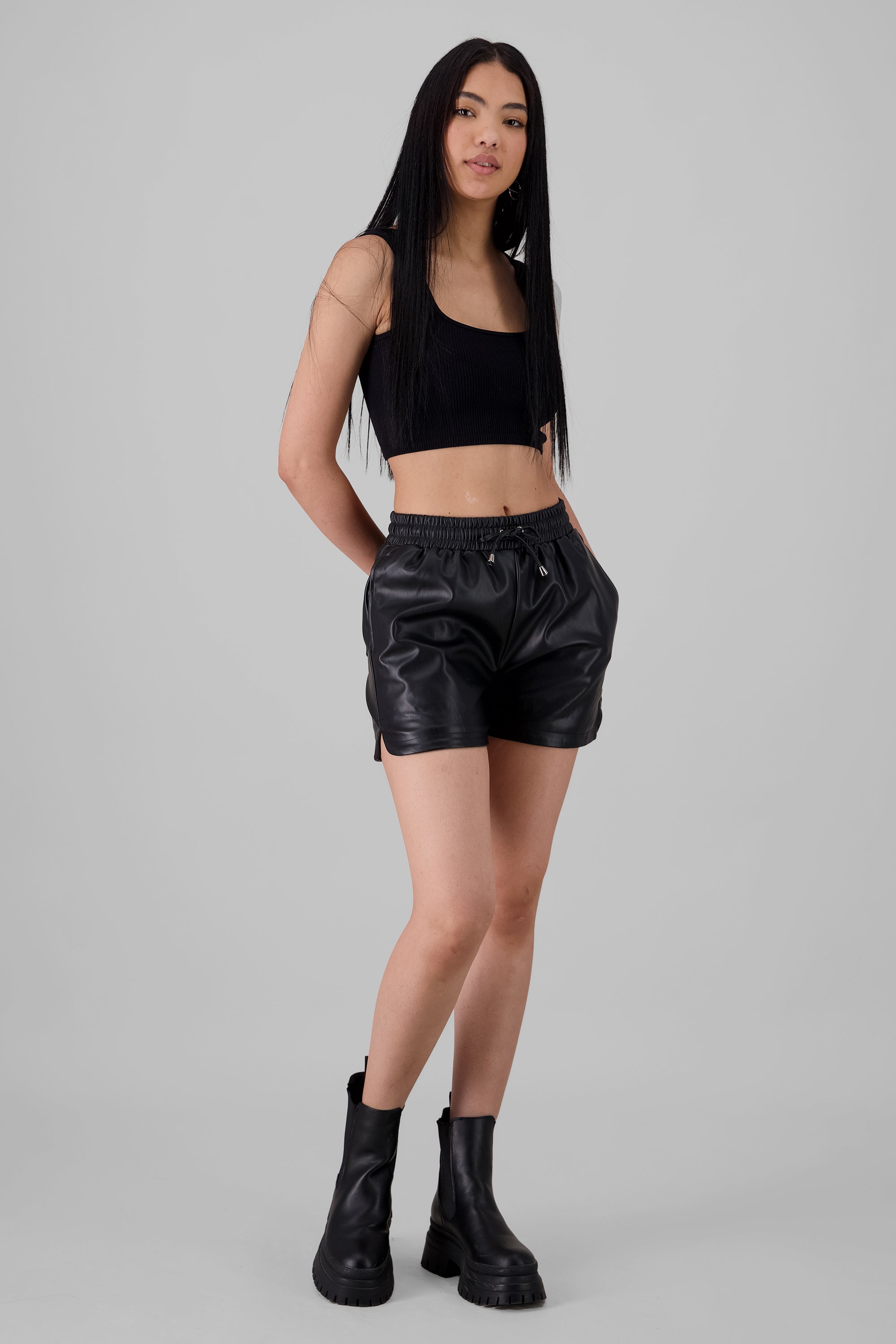 Faux leather Shorts with Waistband Detail BLACK