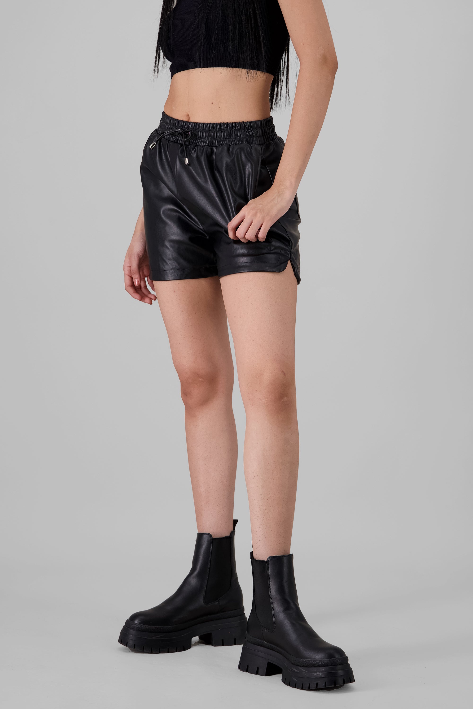 Faux leather Shorts with Waistband Detail BLACK