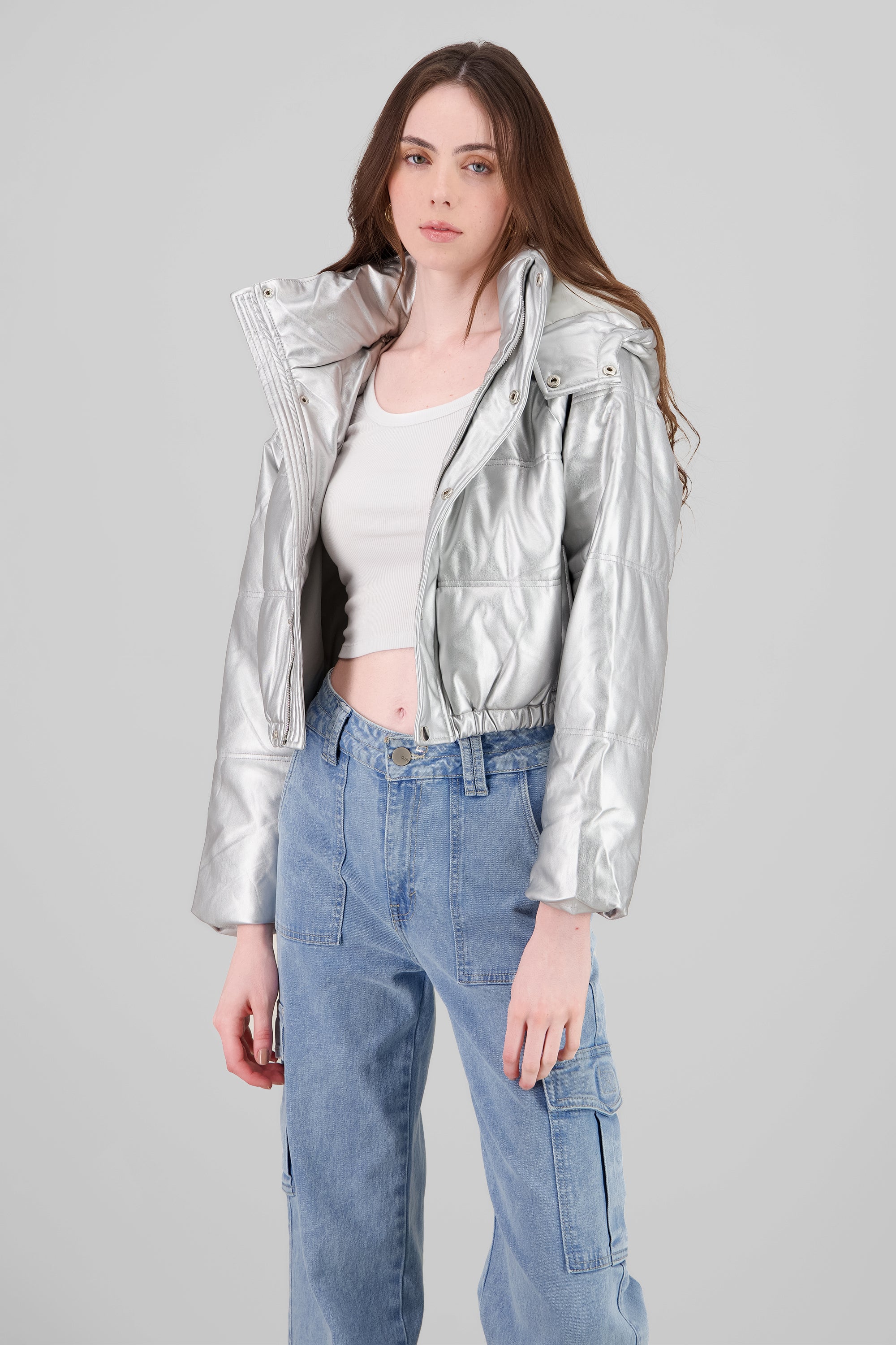 Faux Leather Hooded acket SILVER