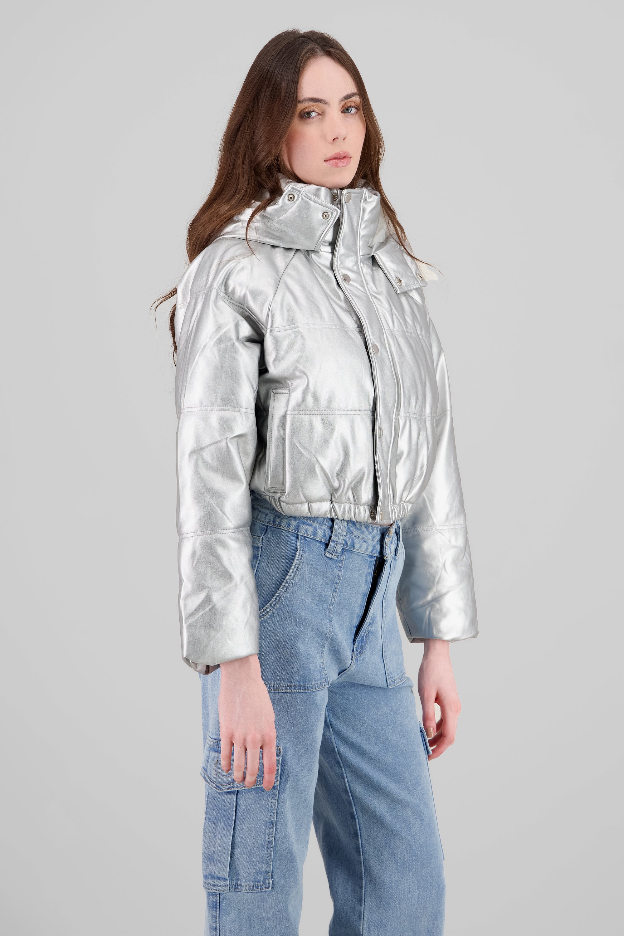 Faux Leather Hooded acket SILVER