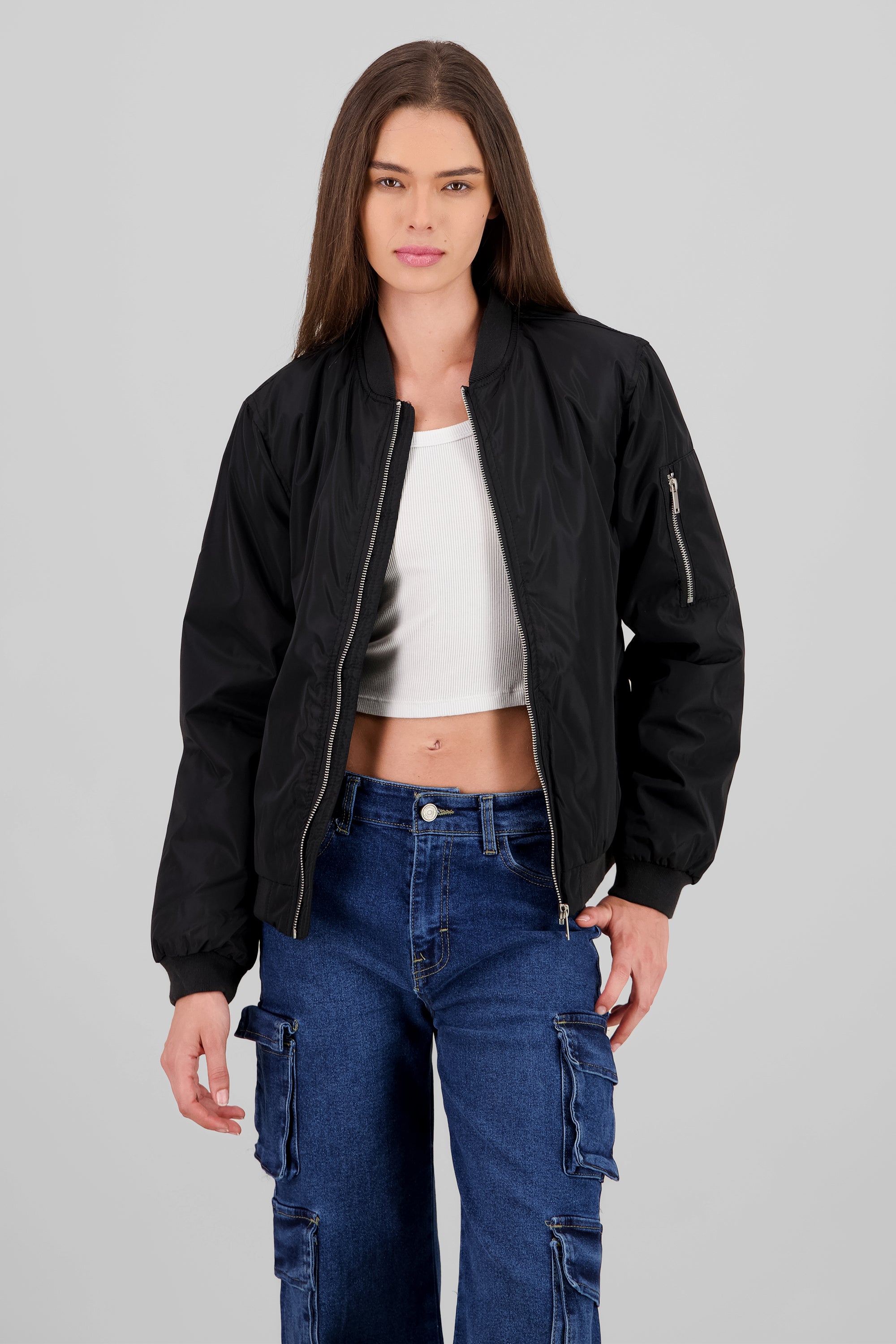 Solid Zip-Up Bomber BLACK