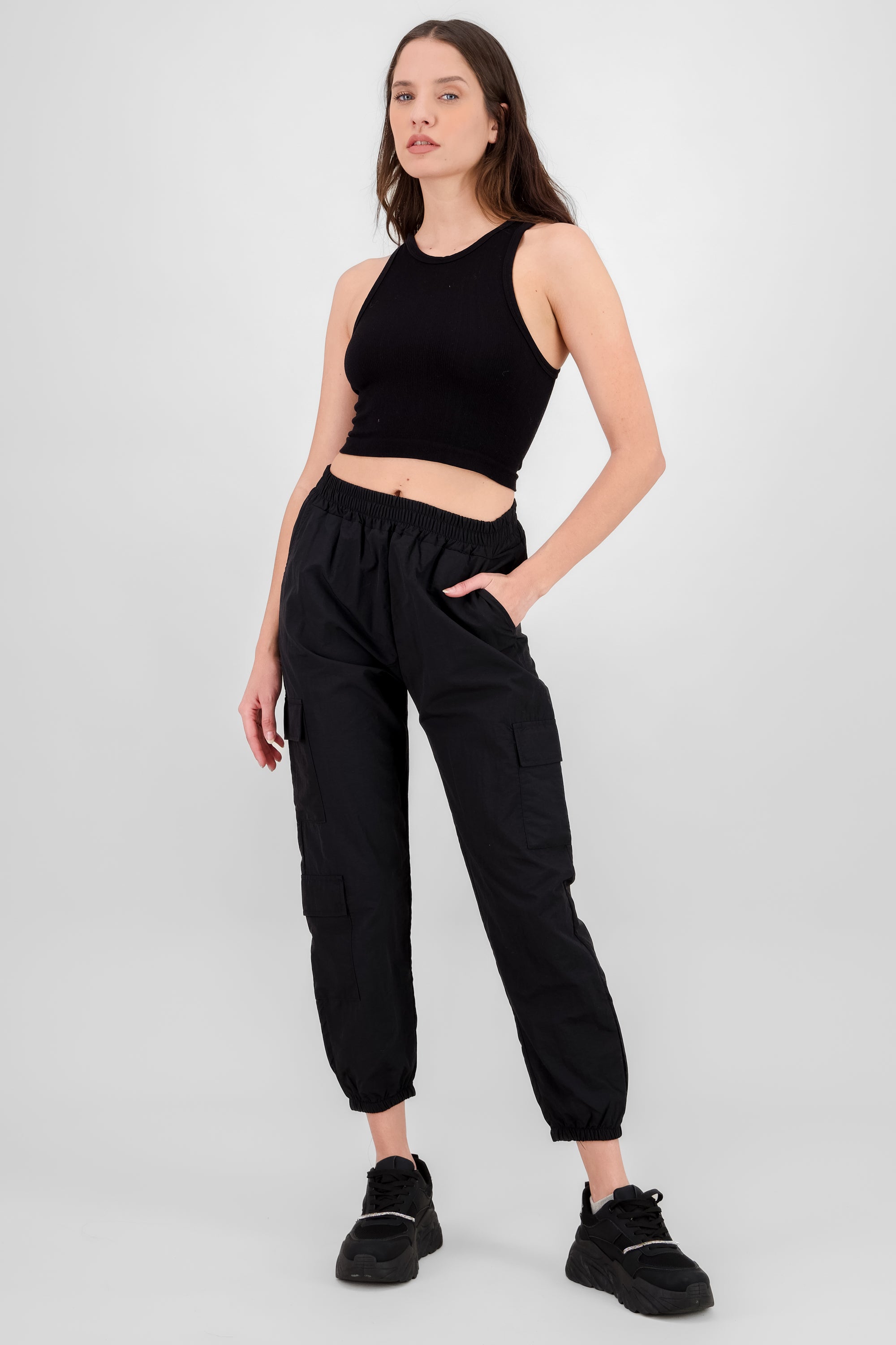 Elastic Waist Cargo Pants BLACK