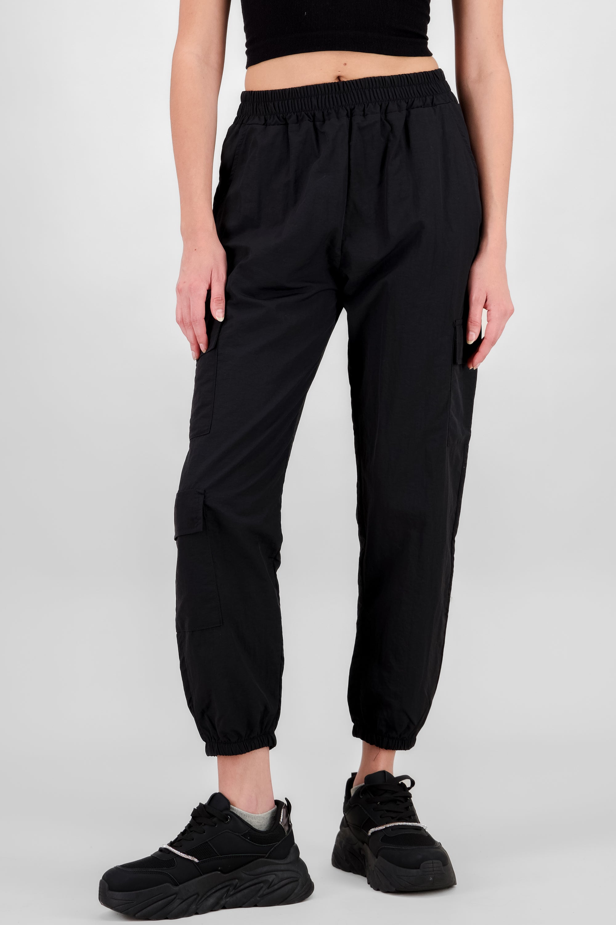 Elastic Waist Cargo Pants BLACK