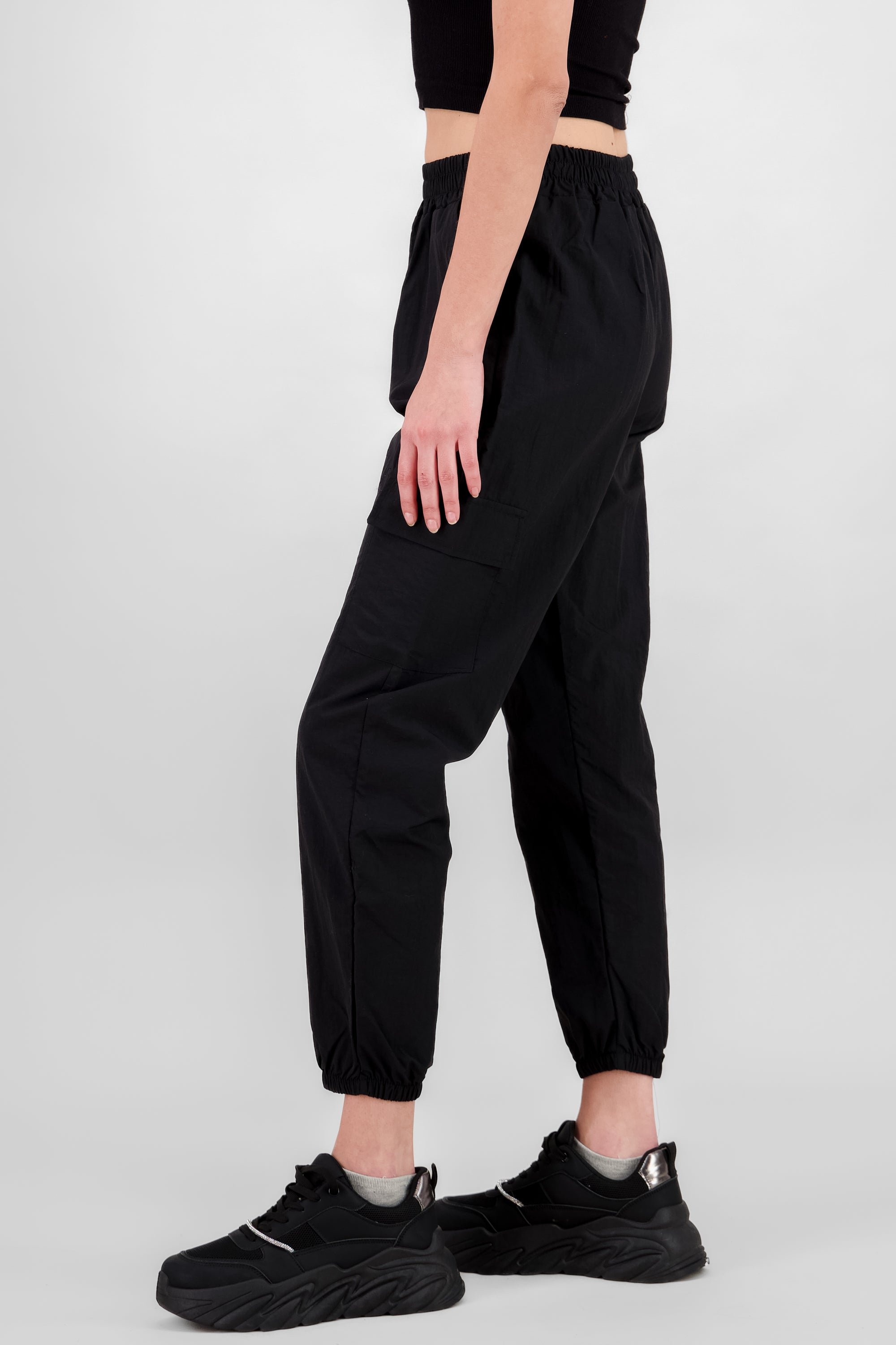 Elastic Waist Cargo Pants BLACK