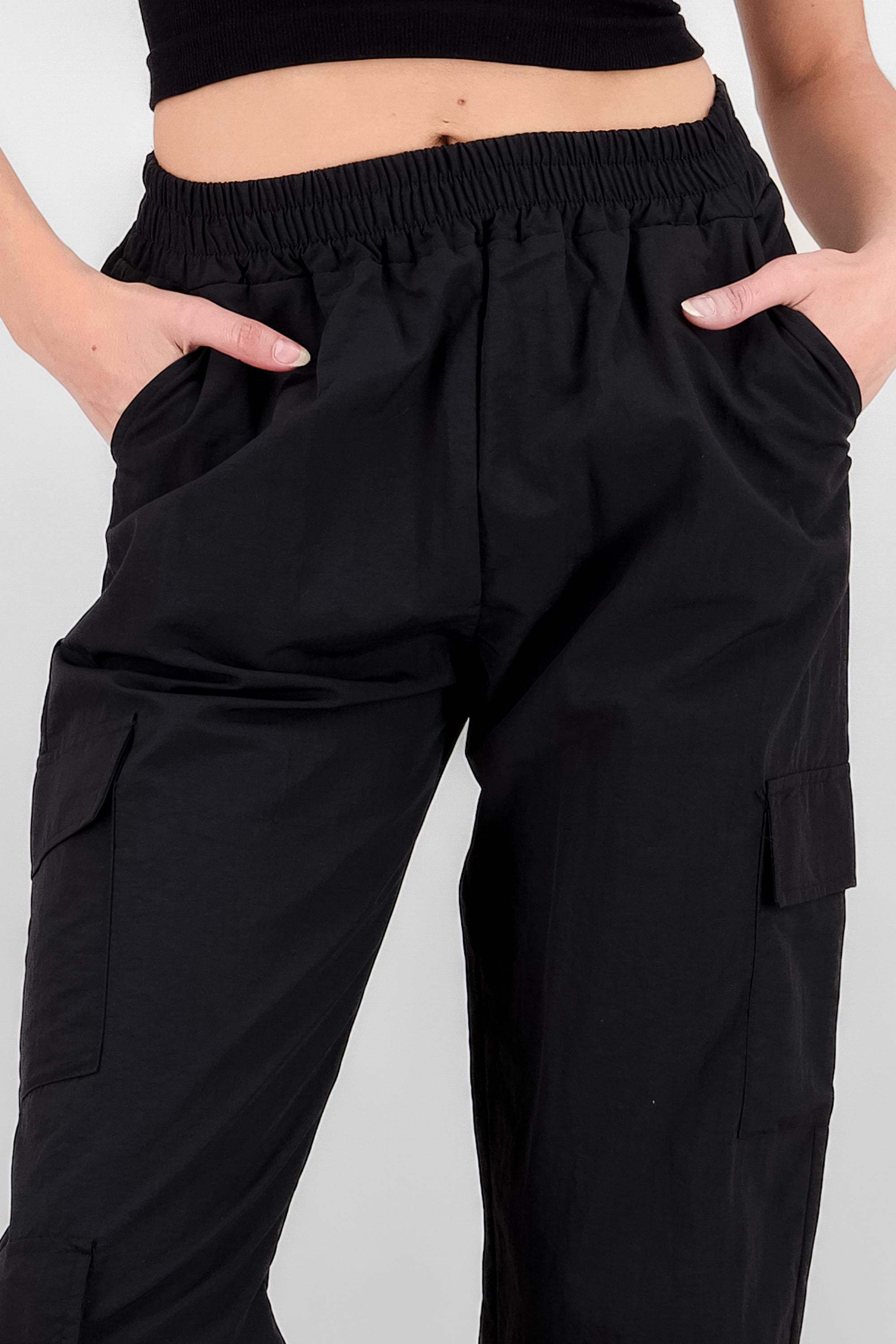 Elastic Waist Cargo Pants BLACK