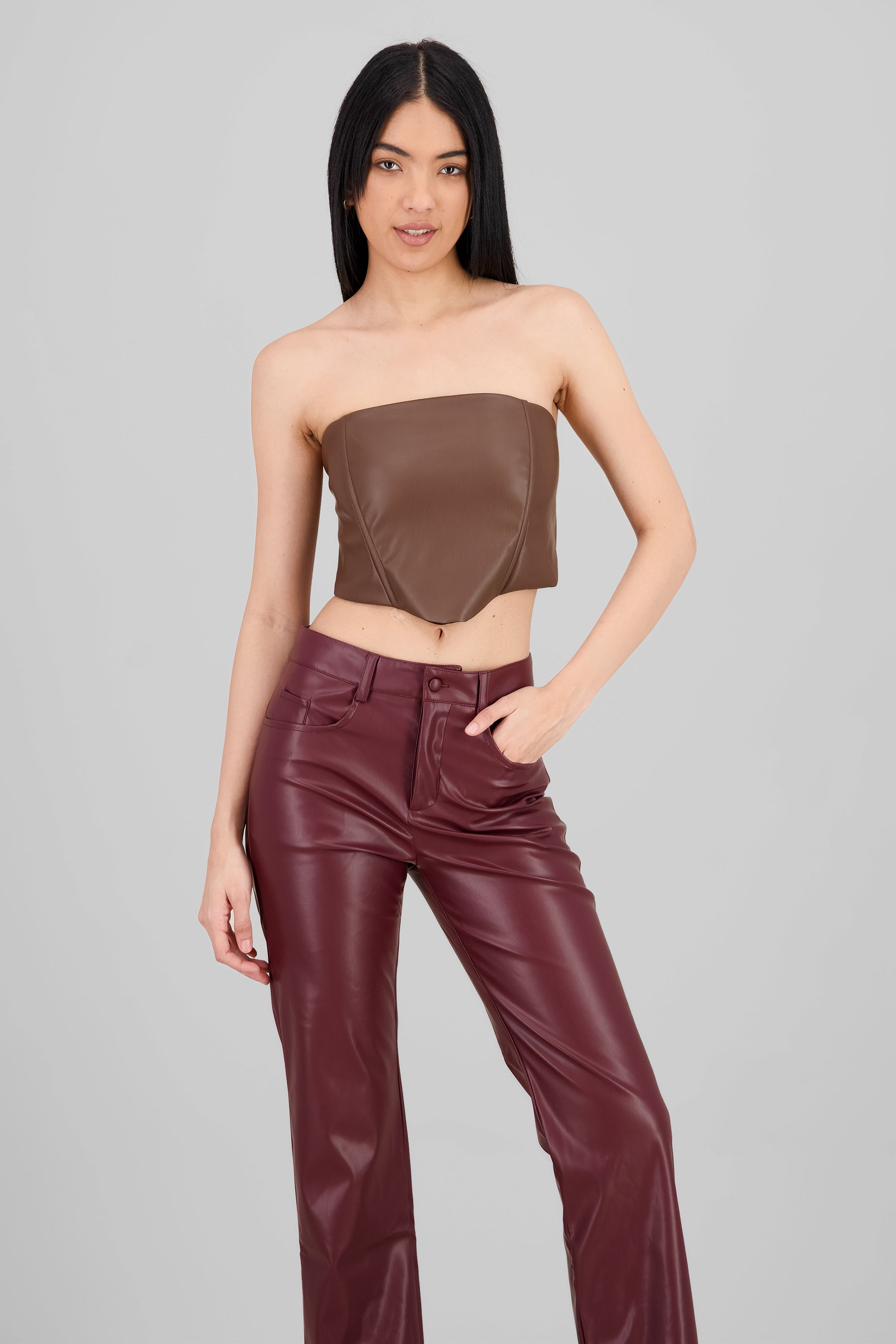 Strapless Faux Leather Top BROWN