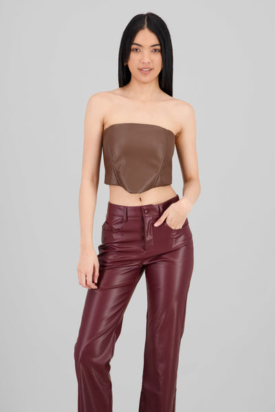 Strapless Faux Leather Top BROWN