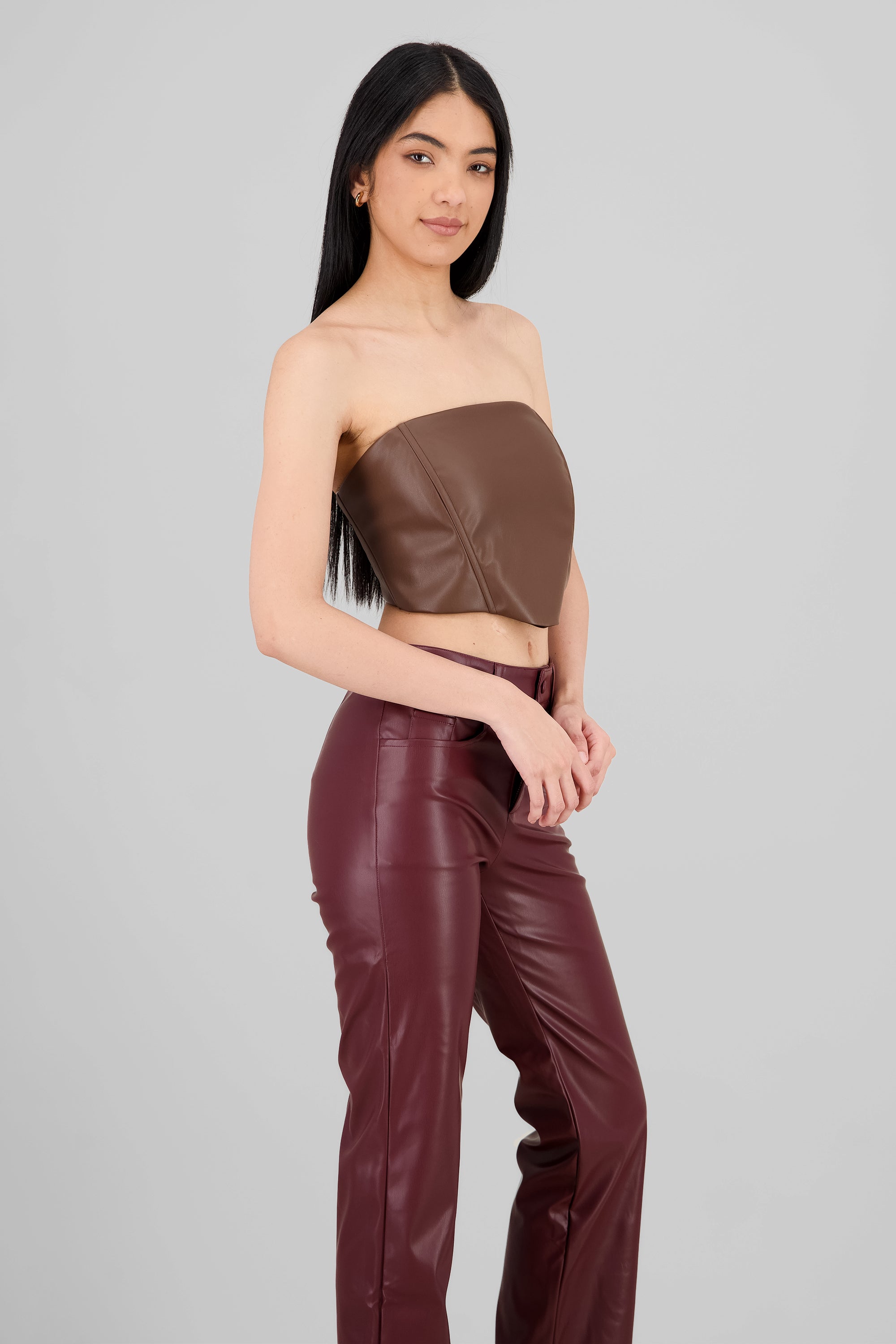 Strapless Faux Leather Top BROWN