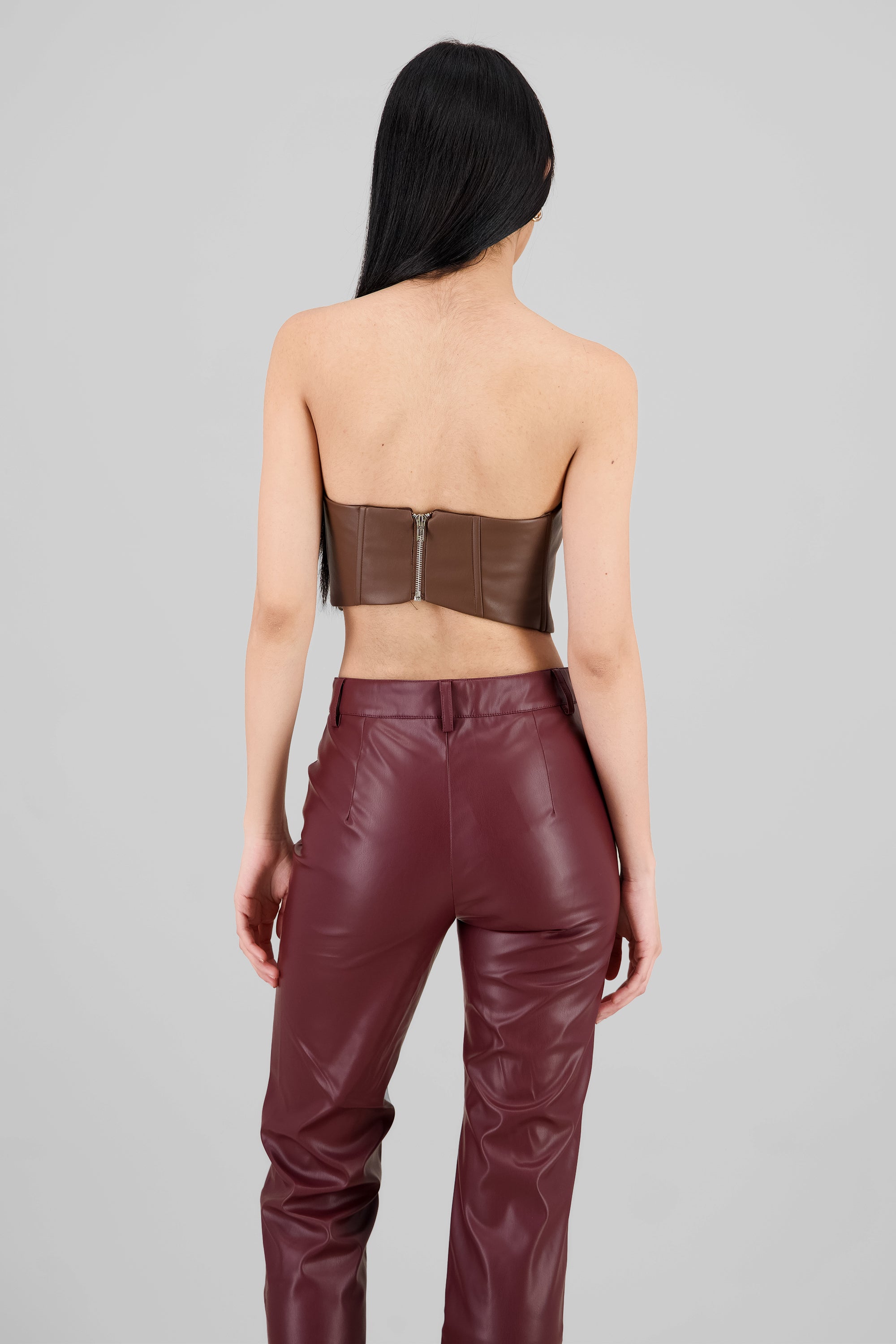 Strapless Faux Leather Top BROWN