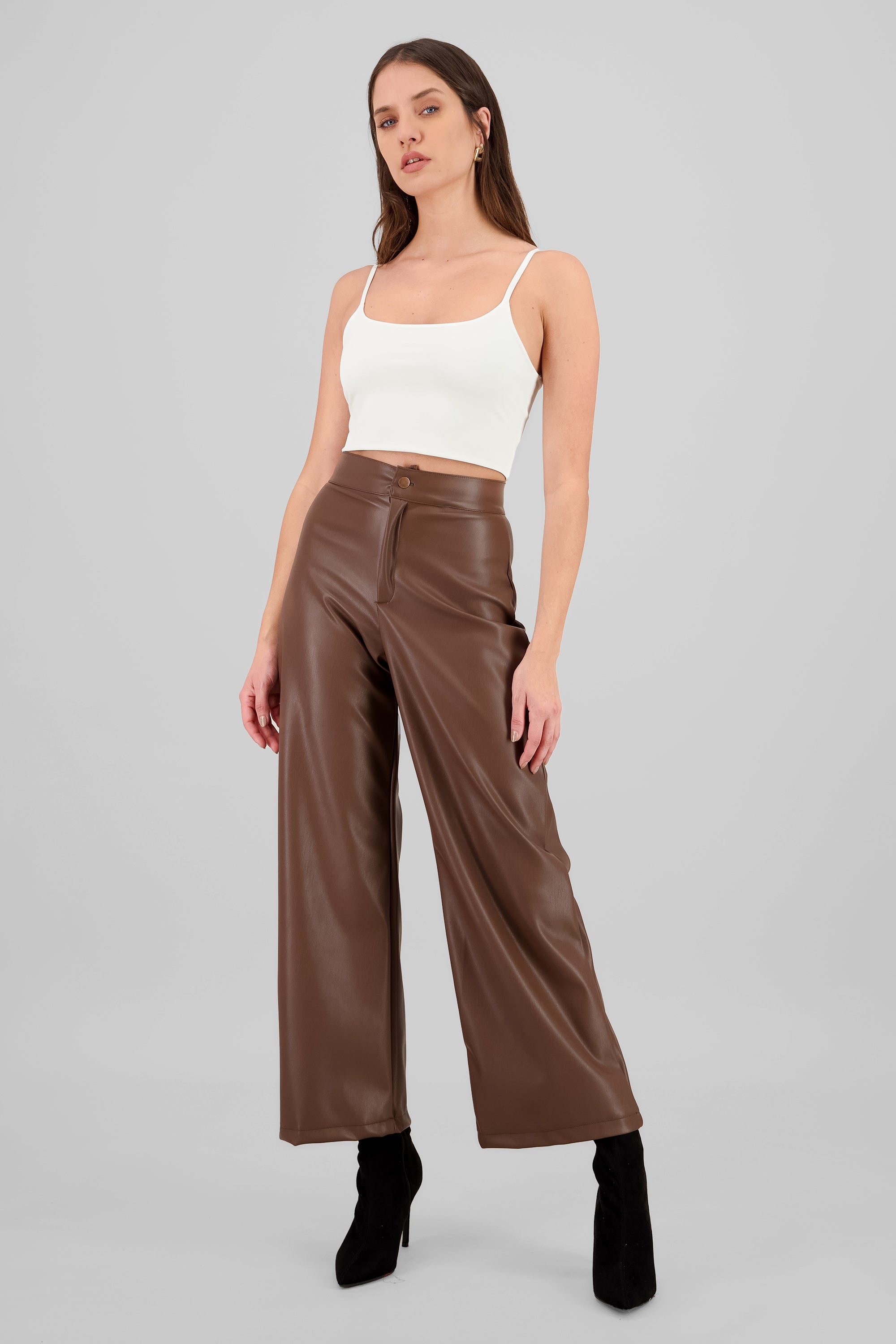 Straight Faux Leather Pants BROWN