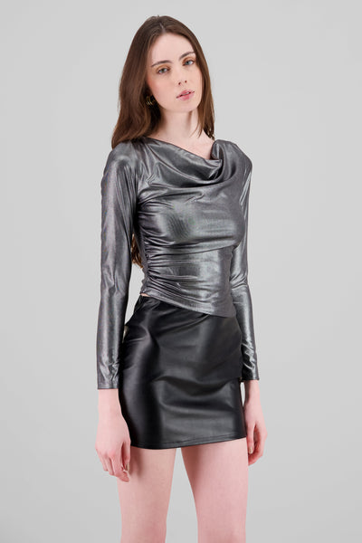 Metallic Long Sleeve Cascade Neck Top SILVER