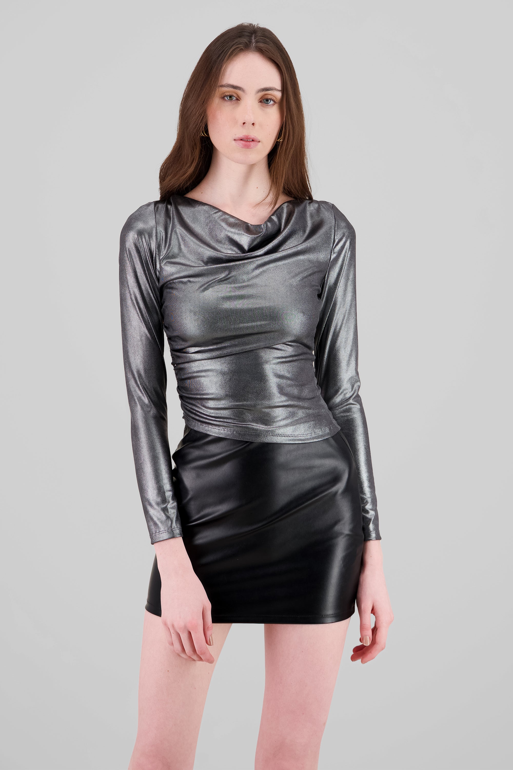 Metallic Long Sleeve Cascade Neck Top SILVER