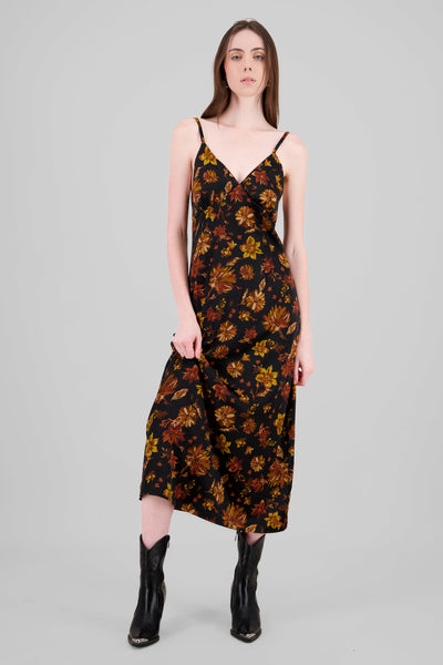 Floral Print Satin Maxi Dress BLACK COMBO