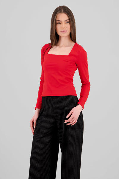 Square Neck Long Sleeve Top RED