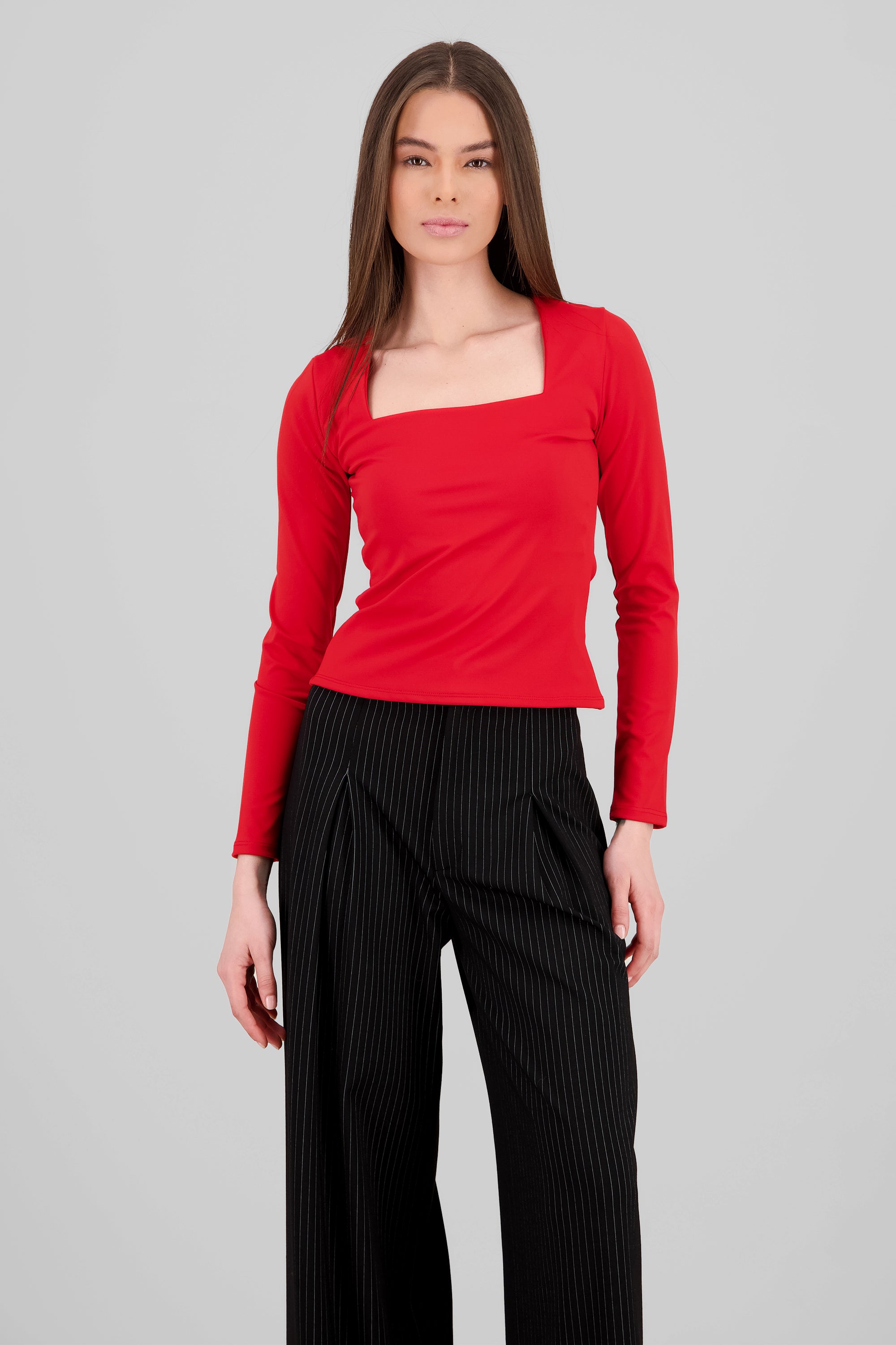 Square Neck Long Sleeve Top RED