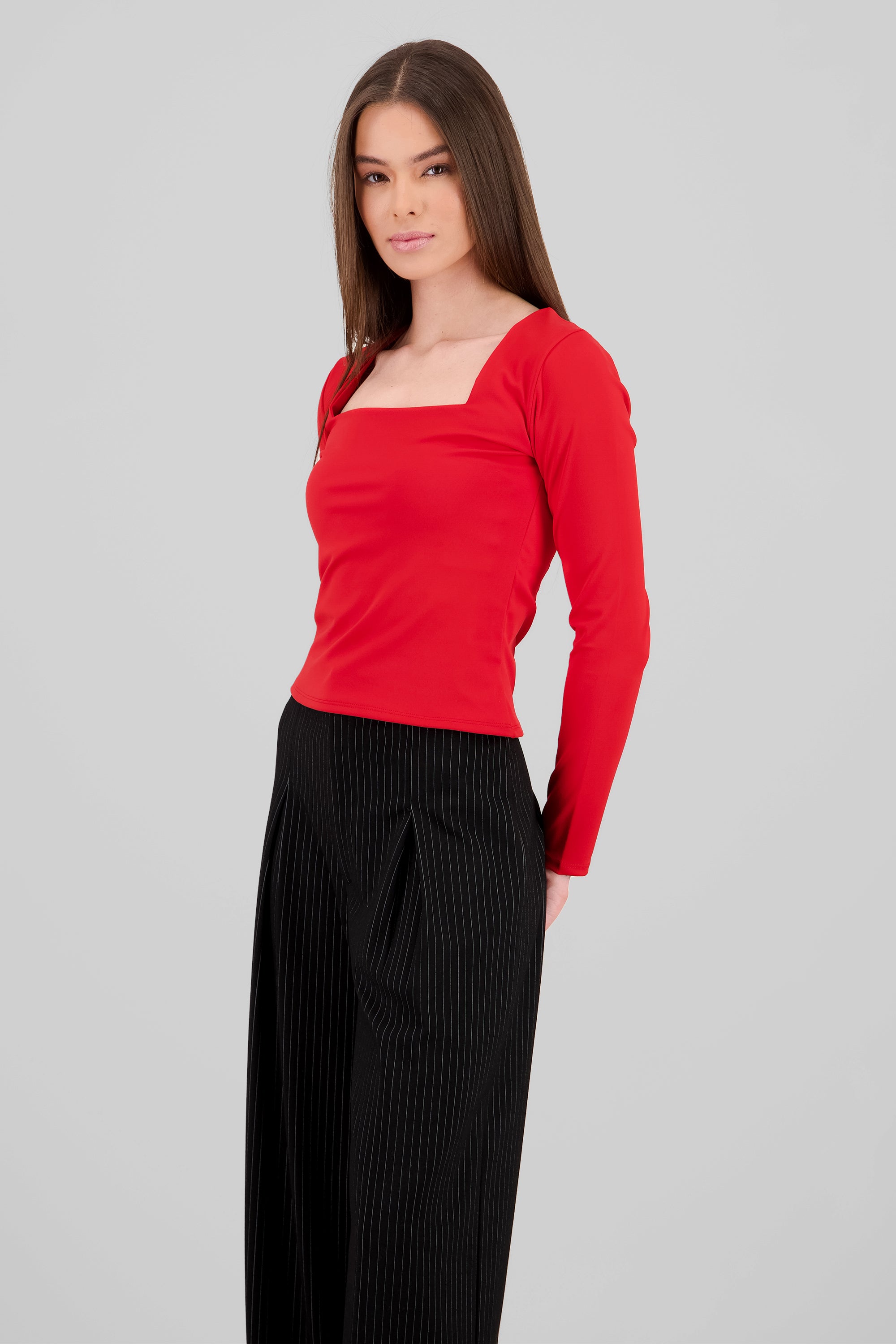 Square Neck Long Sleeve Top RED