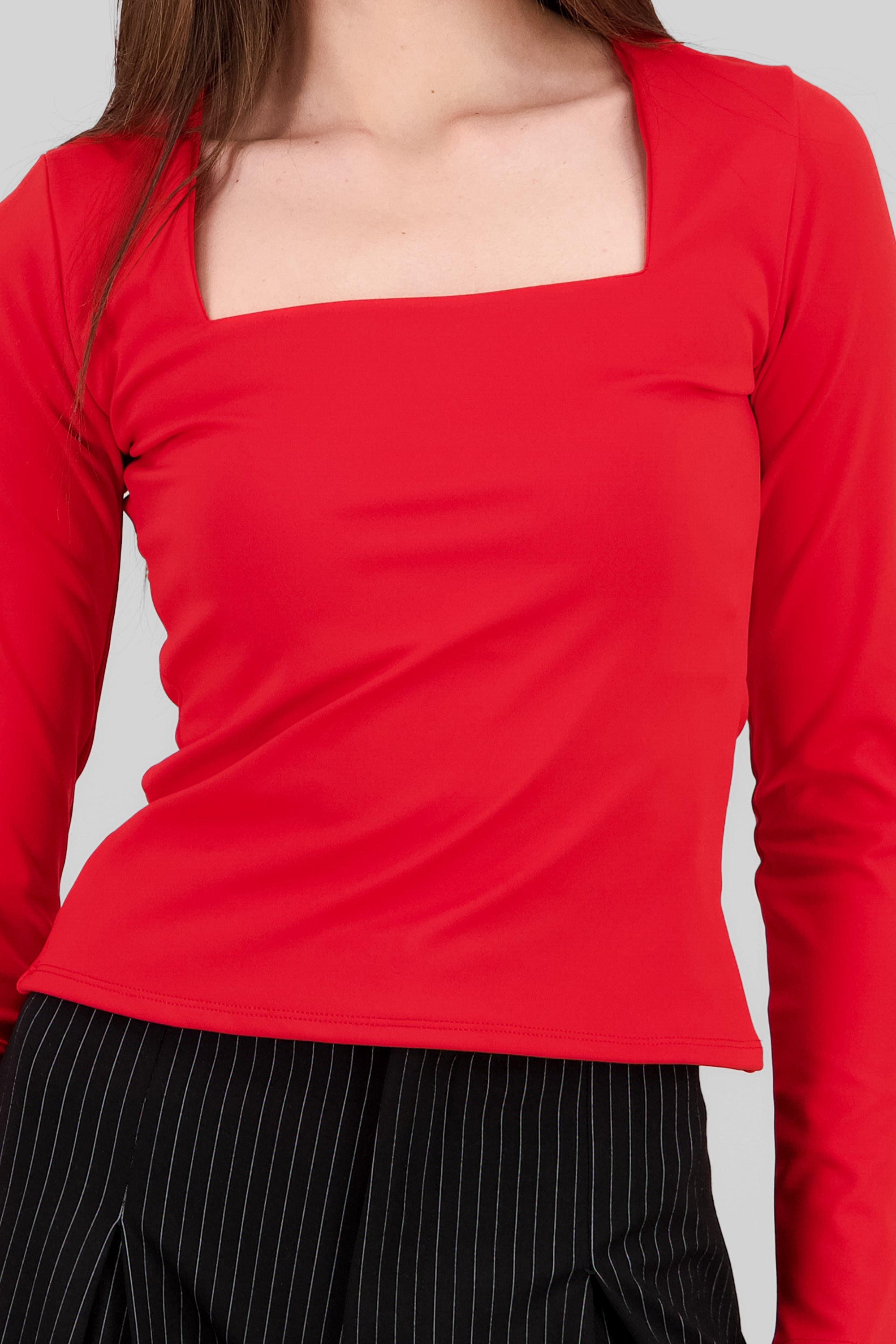 Square Neck Long Sleeve Top RED