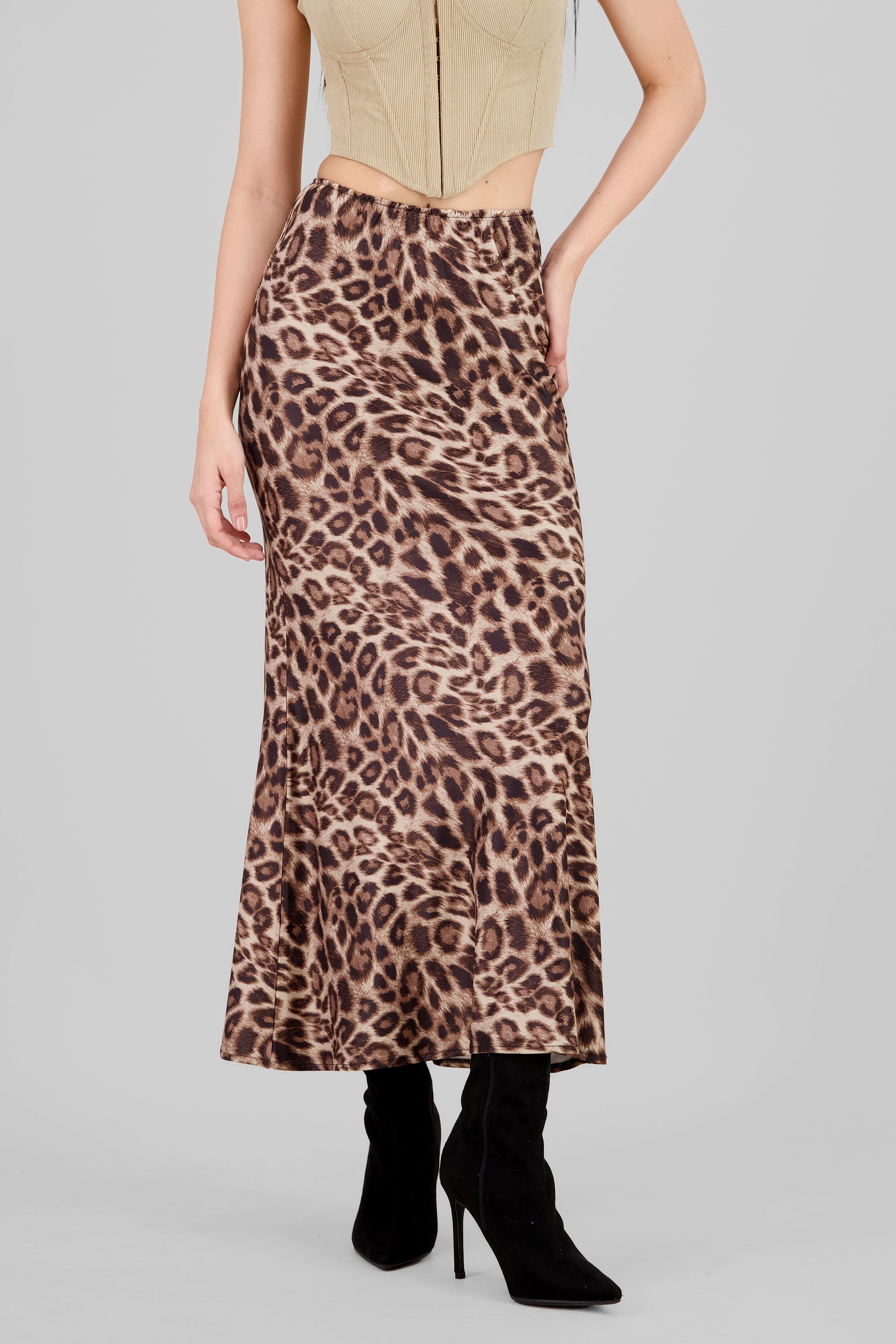 Satin Animal Print Maxi Skirt BROWN COMBO