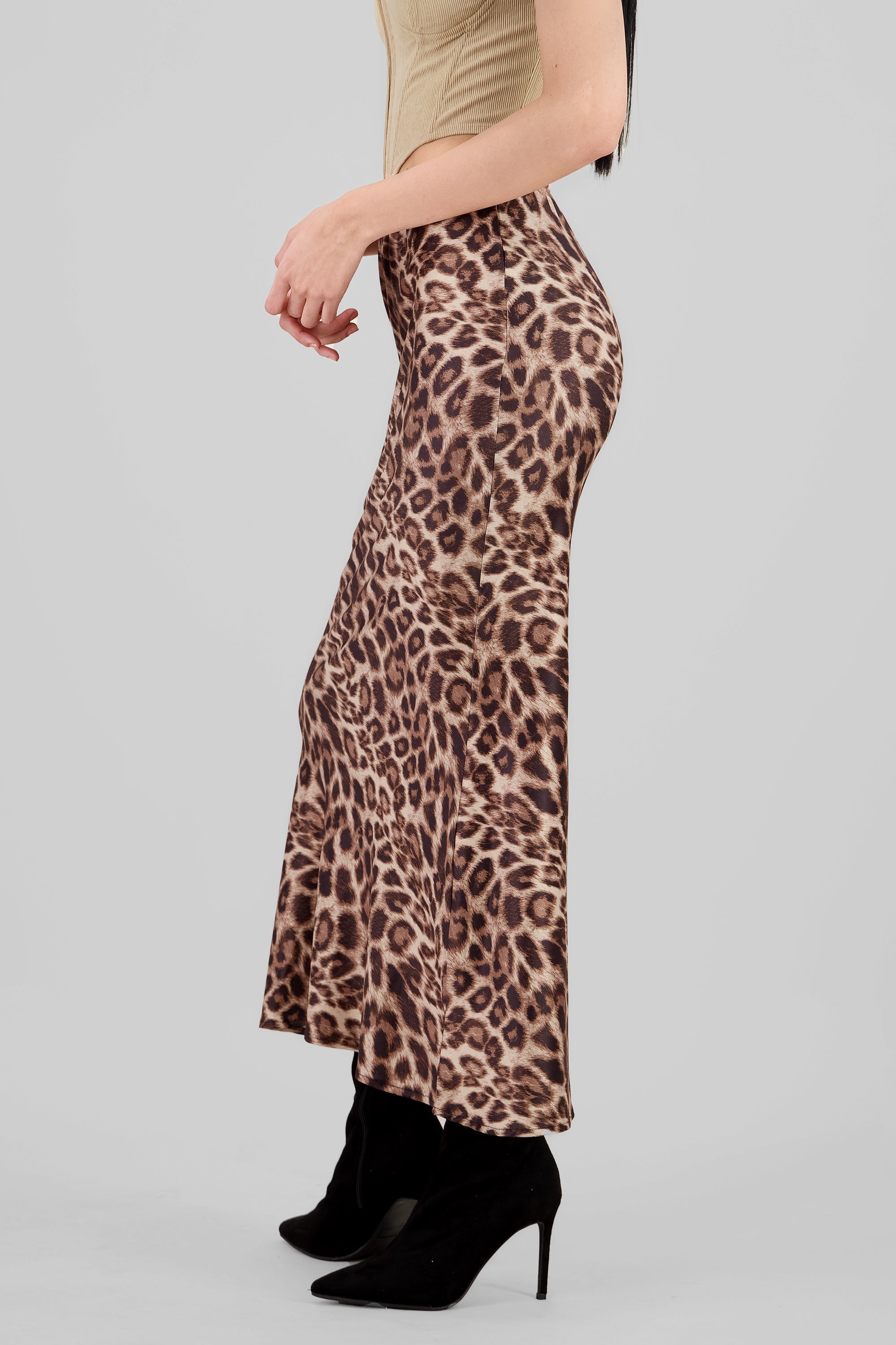 Satin Animal Print Maxi Skirt BROWN COMBO