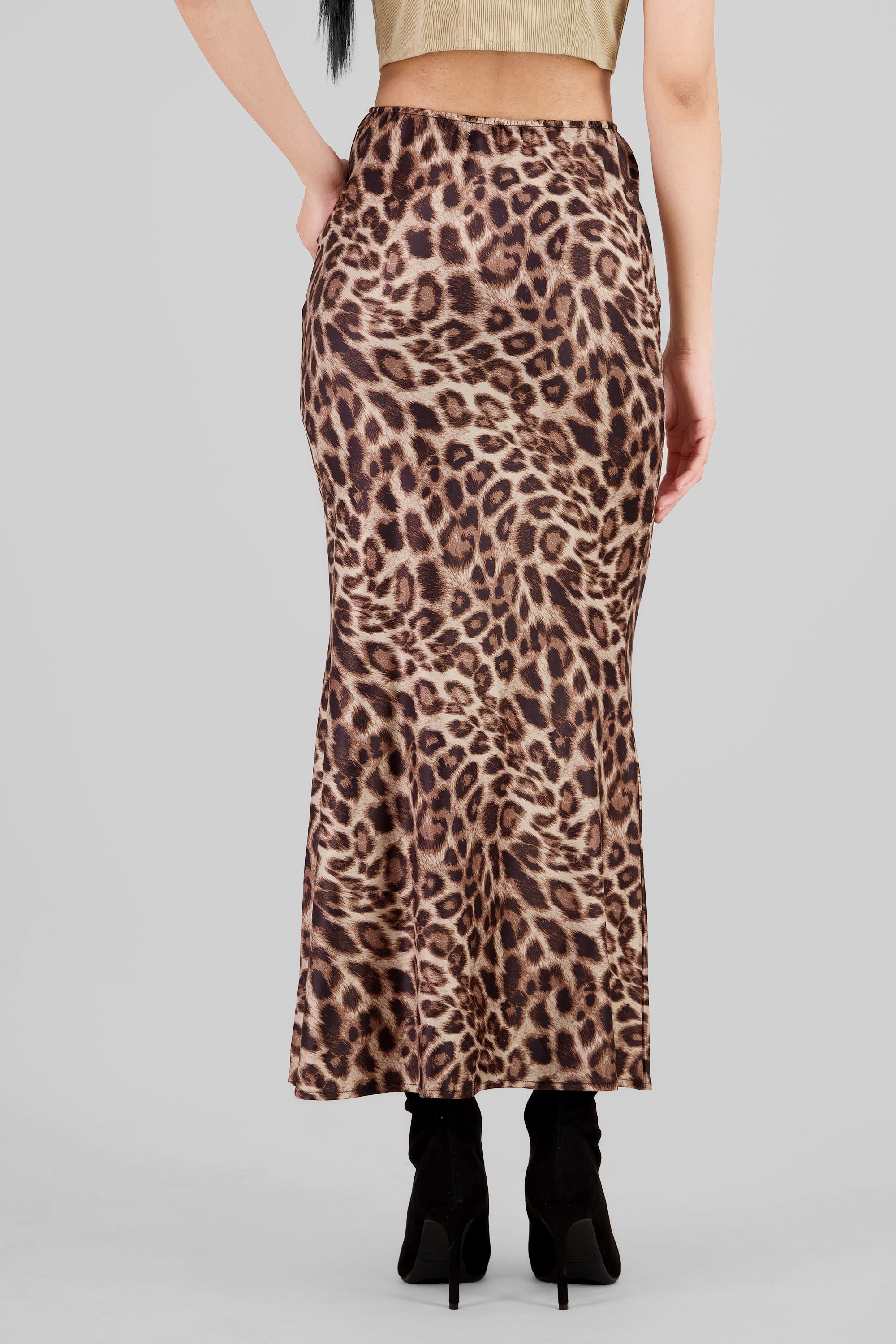 Satin Animal Print Maxi Skirt BROWN COMBO