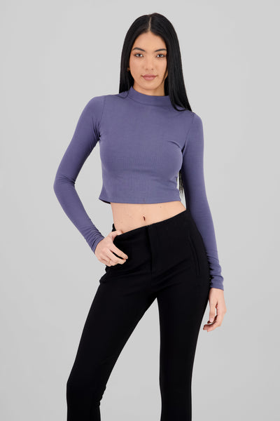 High Neck Long Sleeve Crop Top BLUE