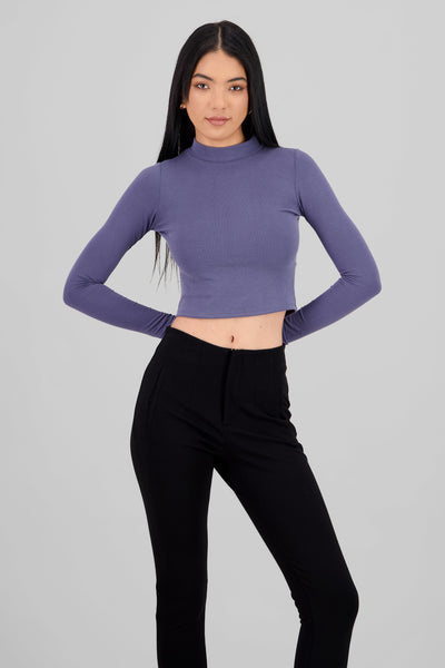 High Neck Long Sleeve Crop Top BLUE