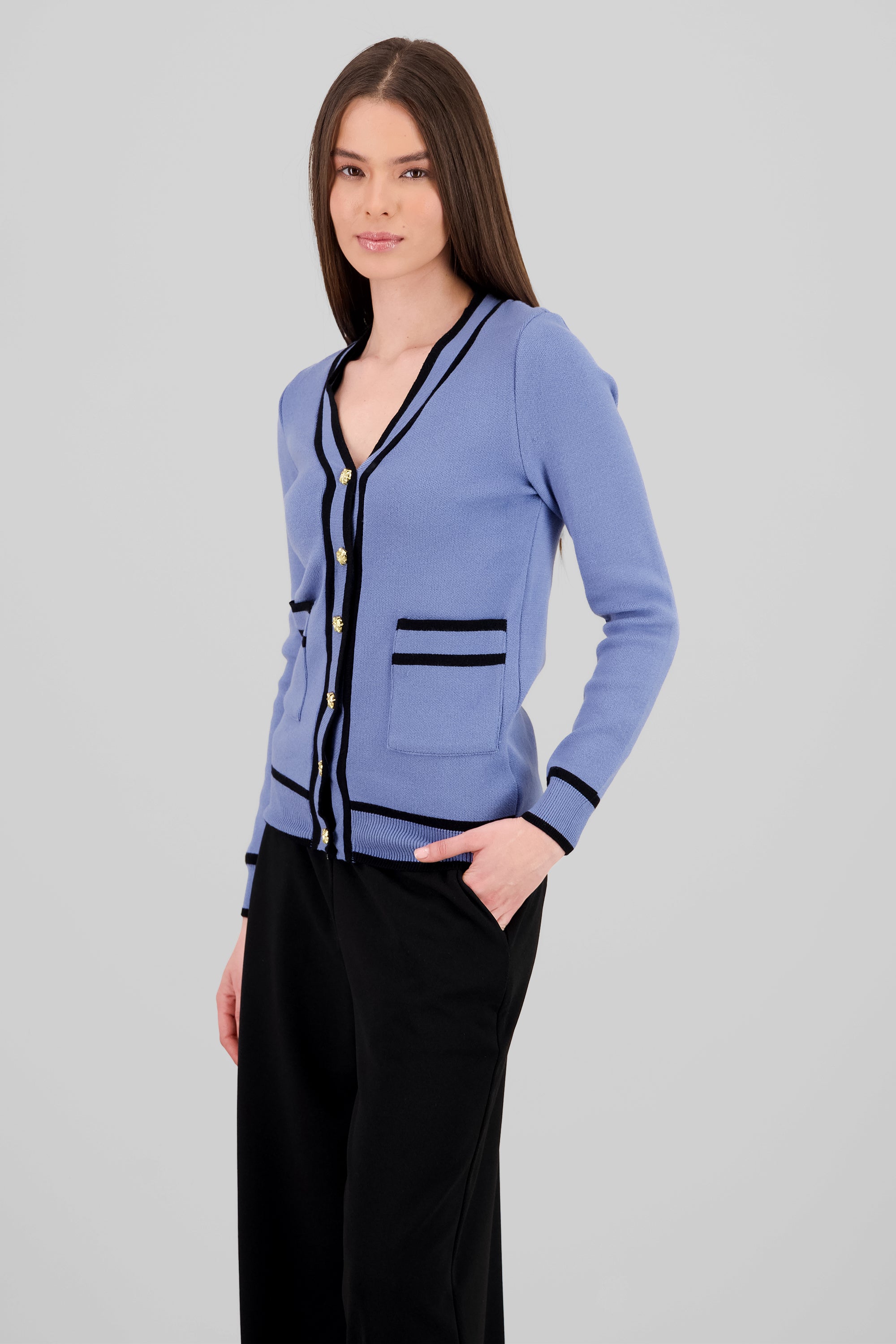 Contrast Color Viscose Cardigan BLUE COMBO