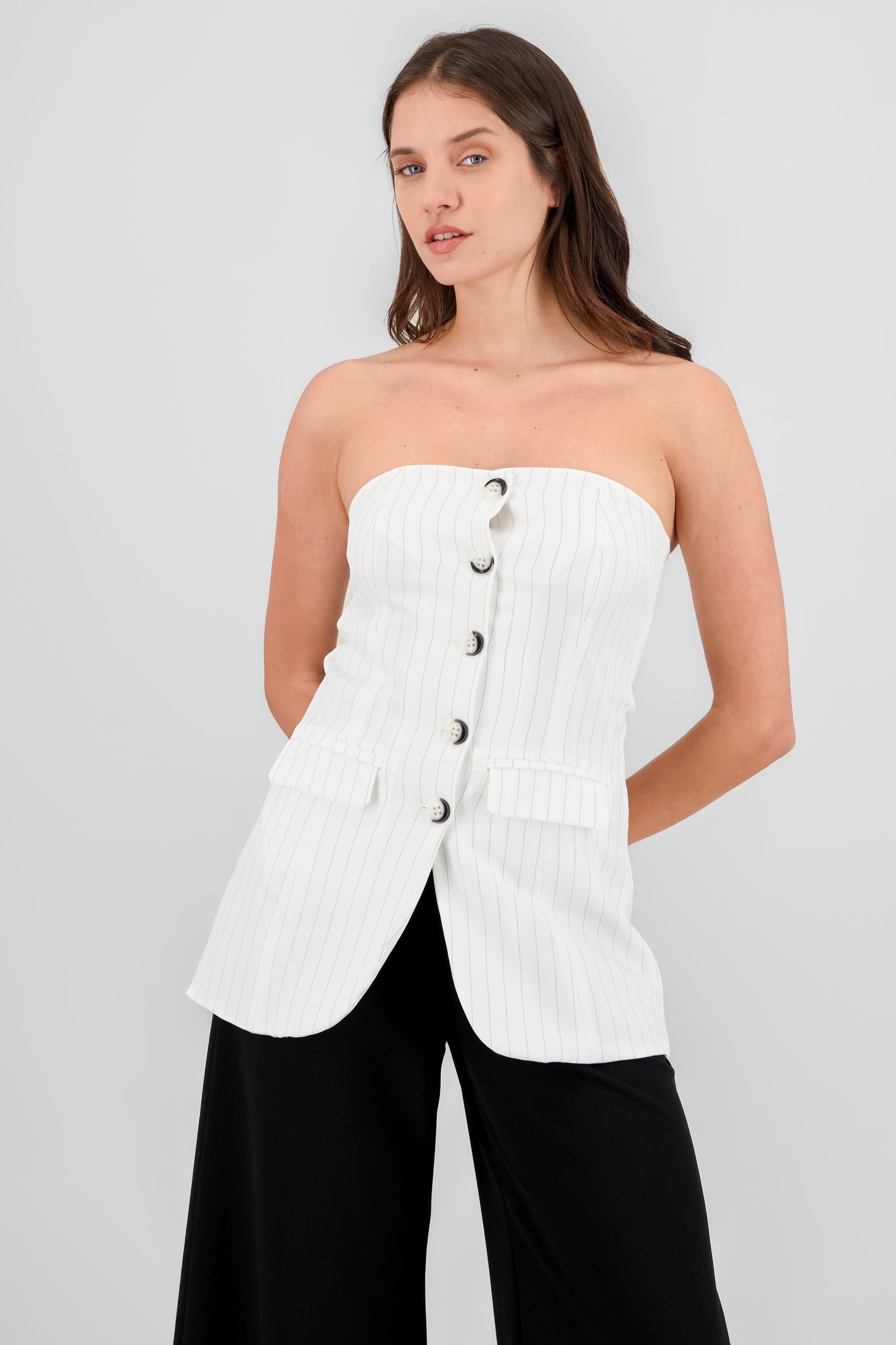 Strapless Striped Vest with Buttons WHITE COMBO