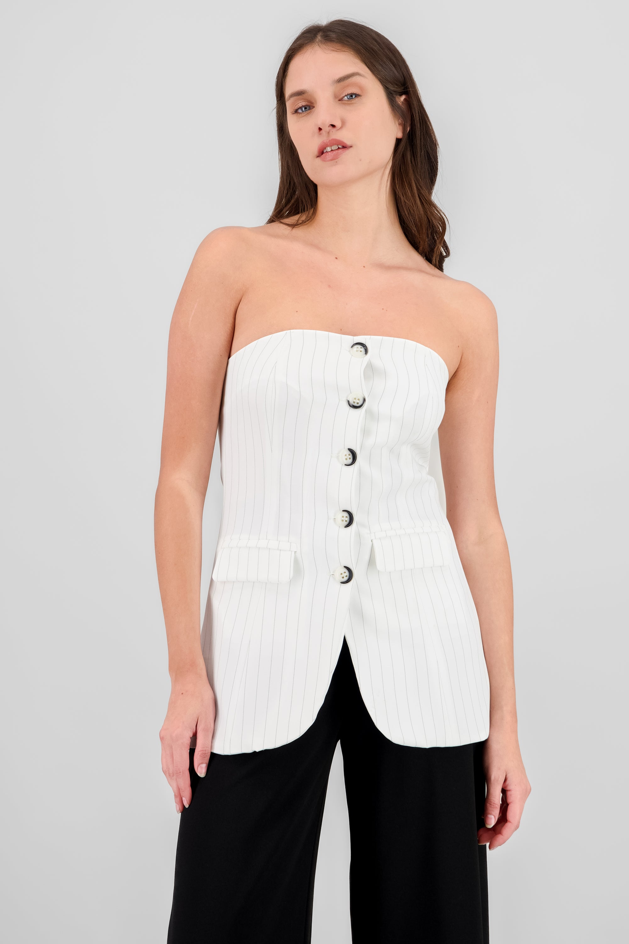 Strapless Striped Vest with Buttons WHITE COMBO