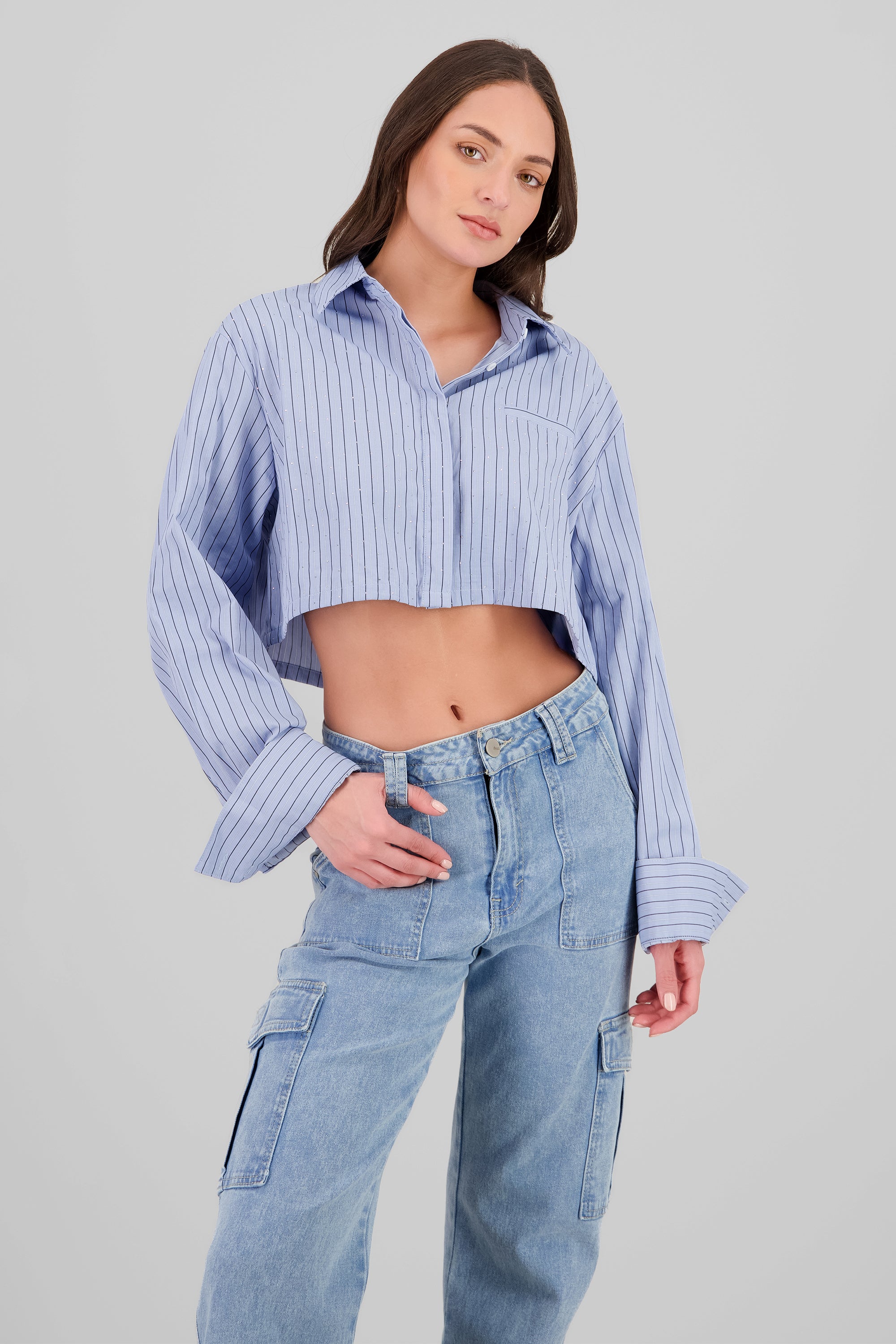 Striped Sparkly Crop Shirt BLUE COMBO