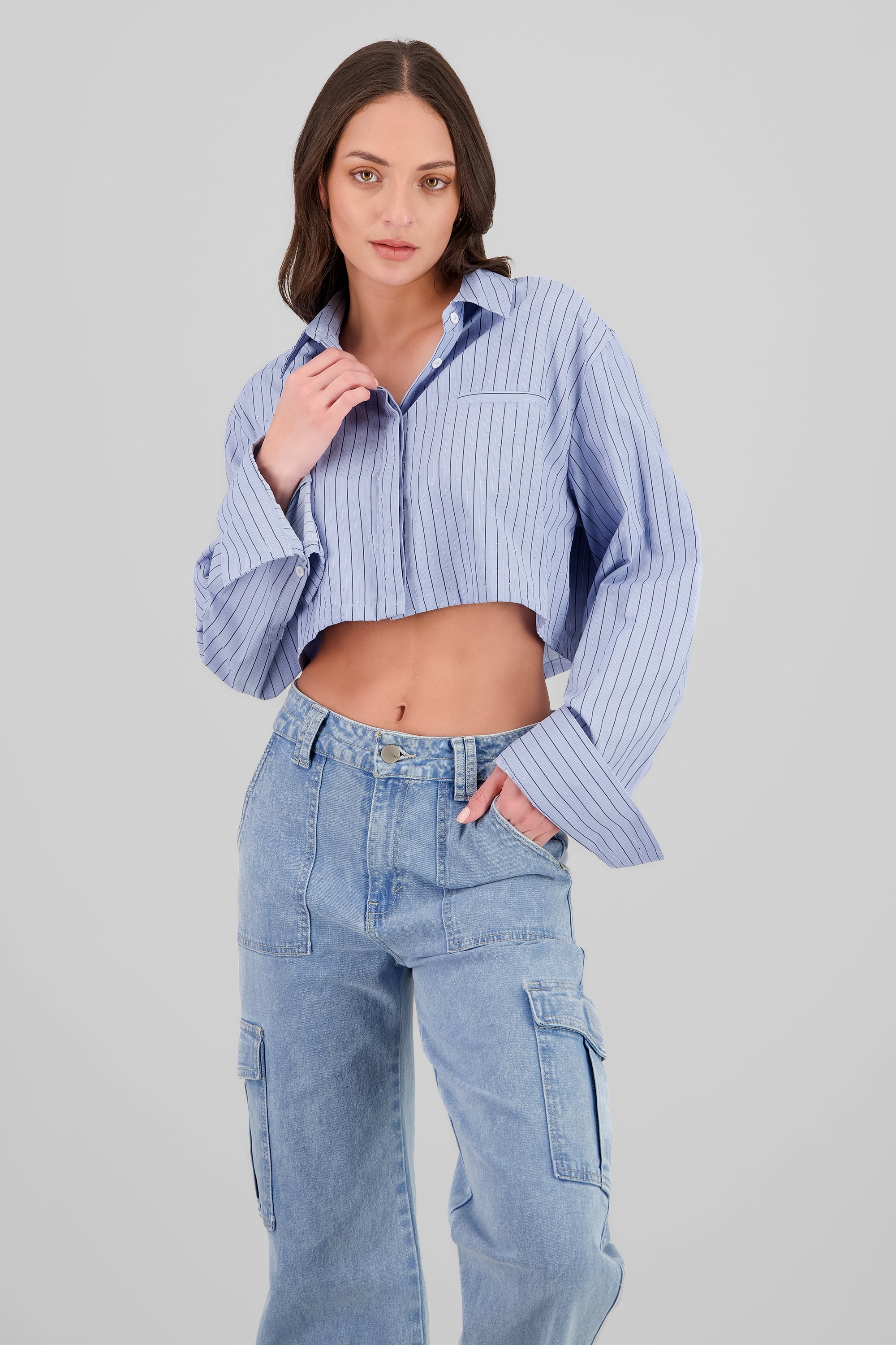 Striped Sparkly Crop Shirt BLUE COMBO