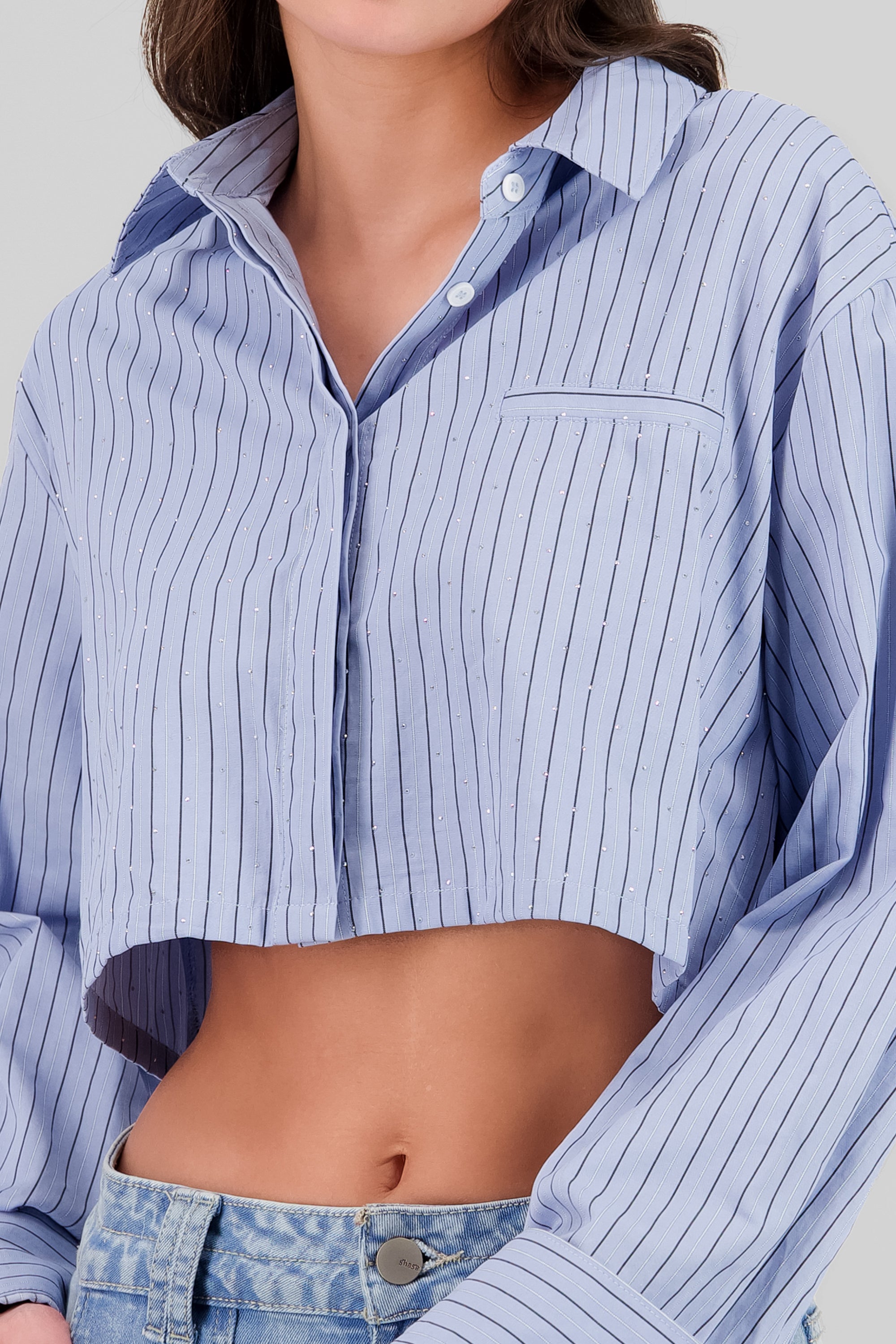 Striped Sparkly Crop Shirt BLUE COMBO