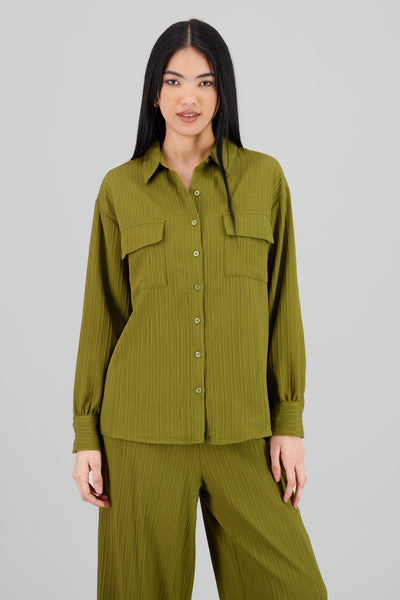 Long Sleeve Ribbed Blouse OLIVE