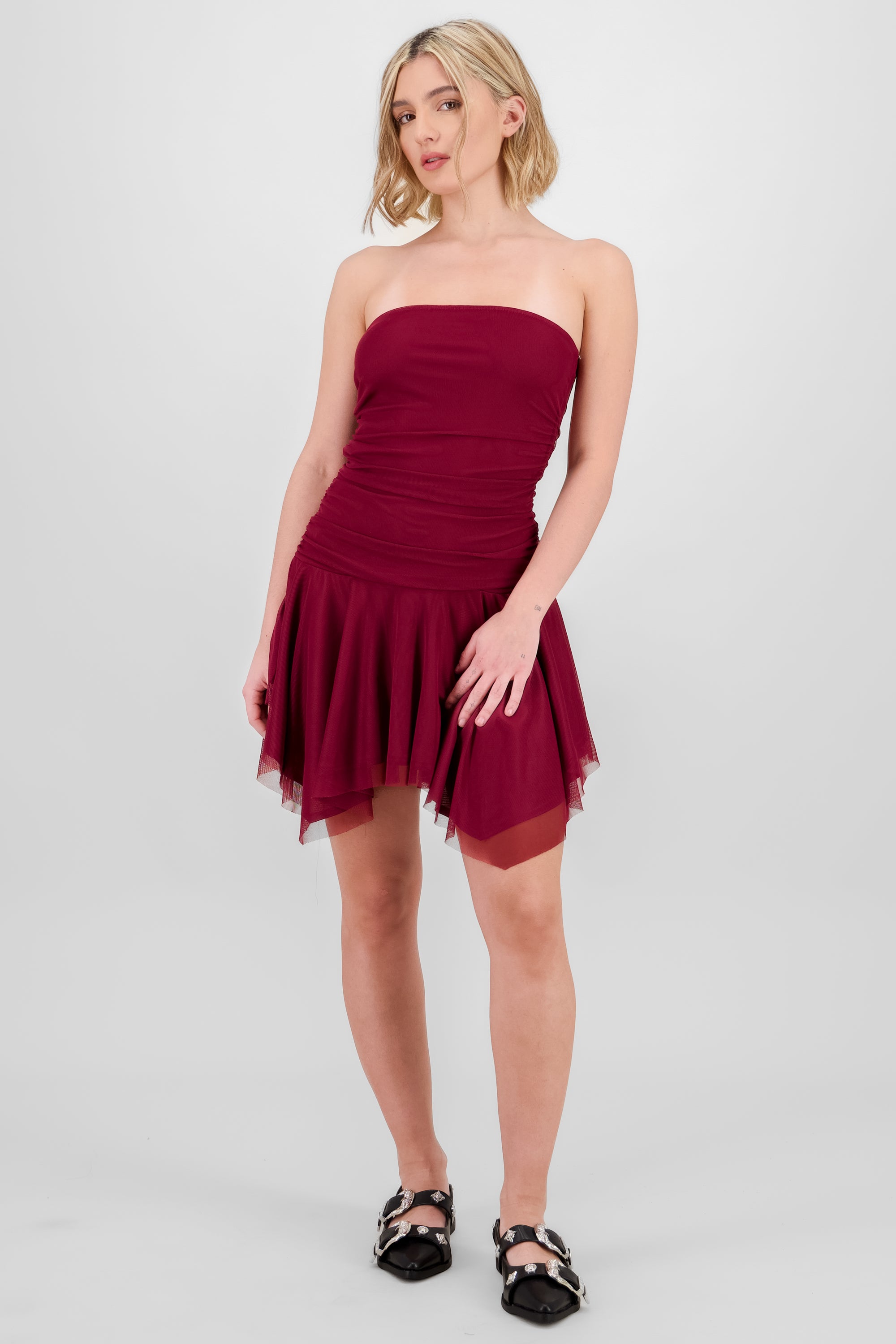 Asymmetrical Mesh Mini Dress PLUM