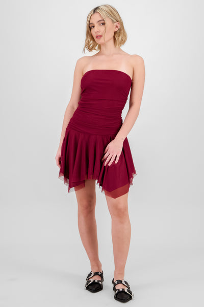 Asymmetrical Mesh Mini Dress PLUM