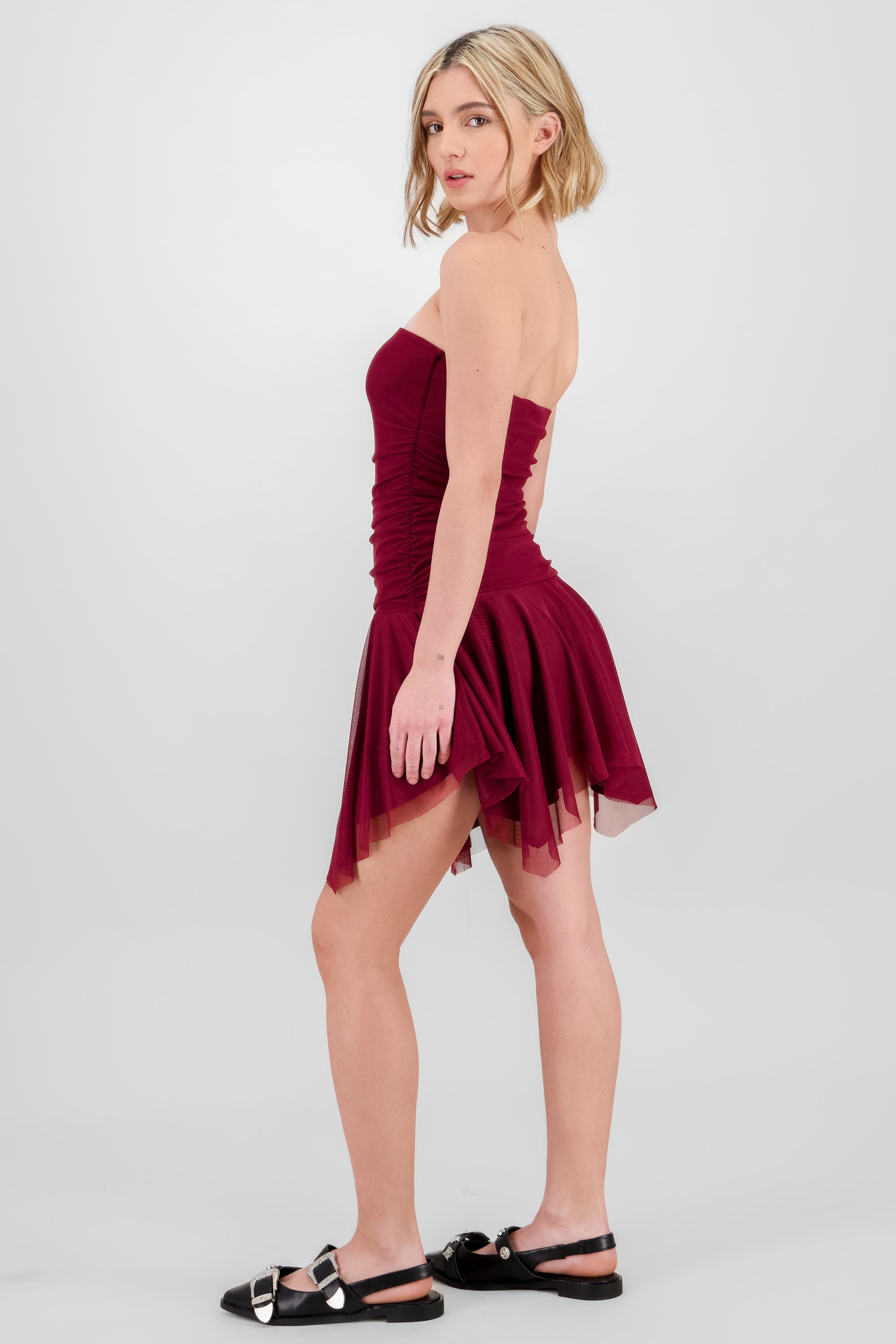 Asymmetrical Mesh Mini Dress PLUM