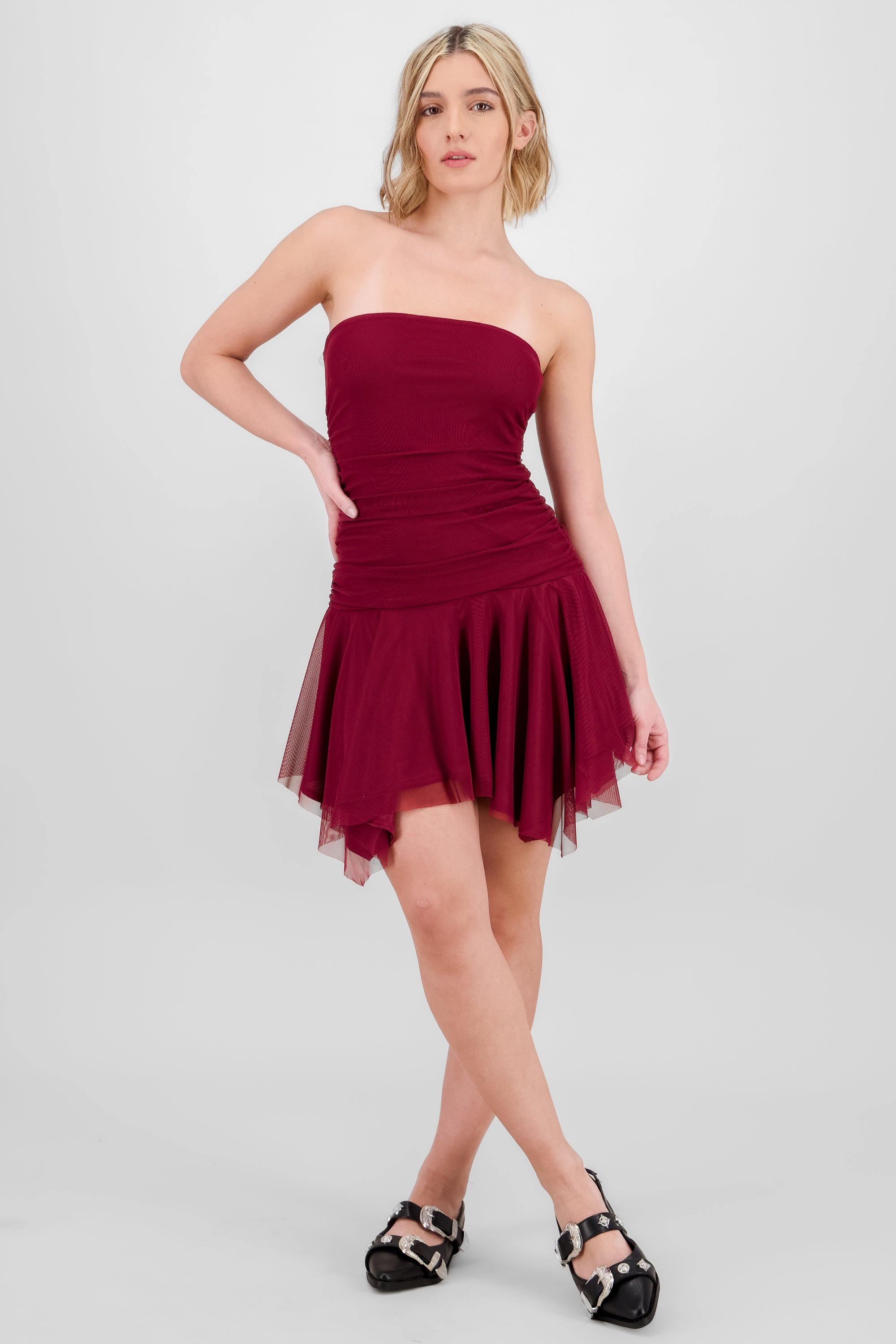 Asymmetrical Mesh Mini Dress PLUM