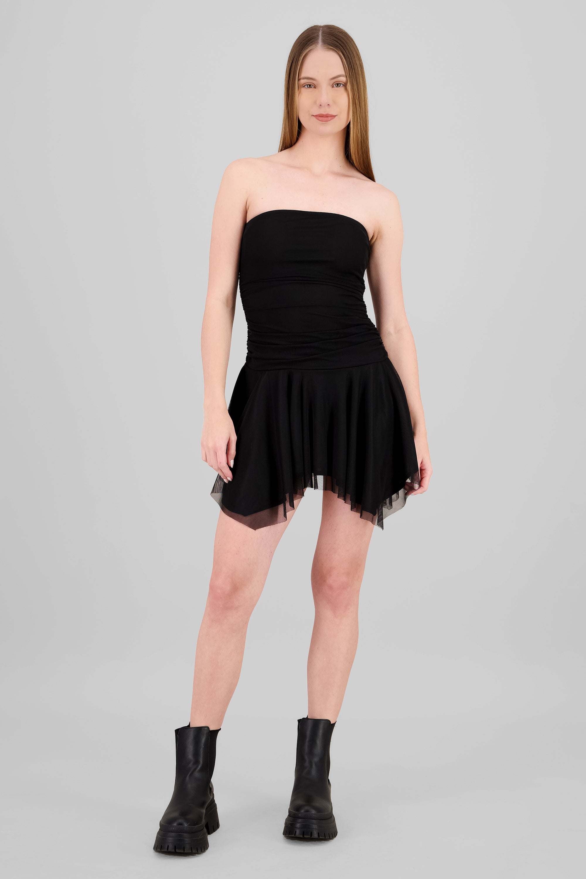 Asymmetrical Mesh Mini Dress BLACK