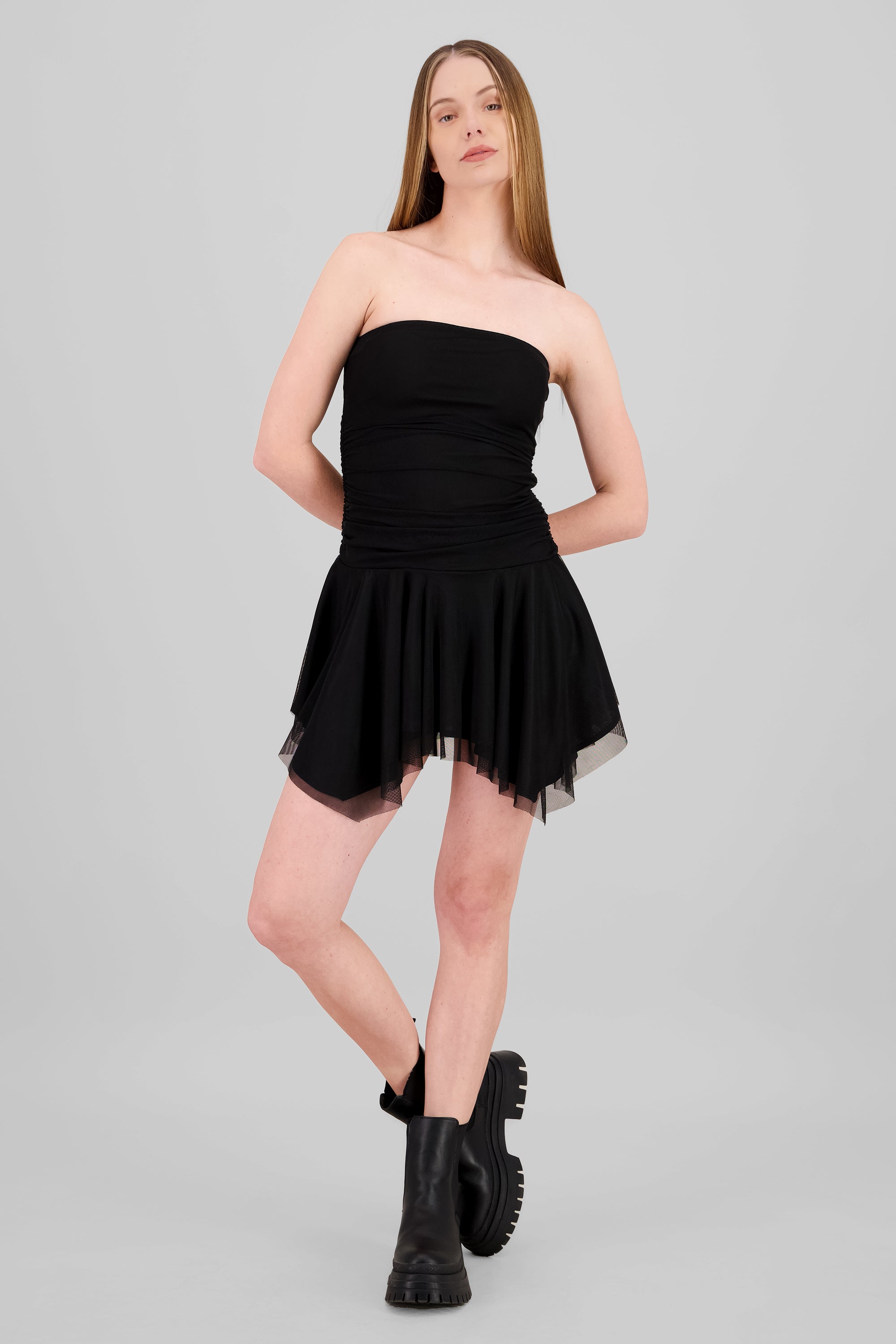 Asymmetrical Mesh Mini Dress BLACK