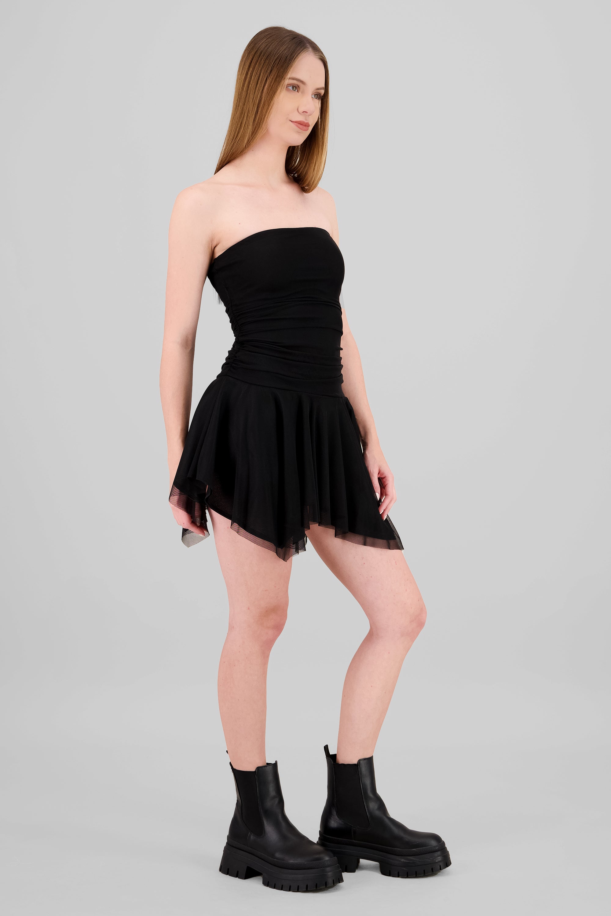 Asymmetrical Mesh Mini Dress BLACK